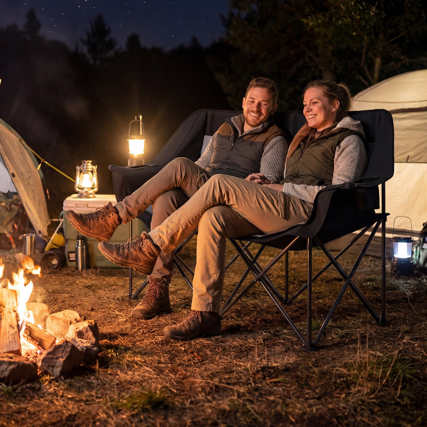 Double Camping Chair with Cup Holders and Storage Pockets