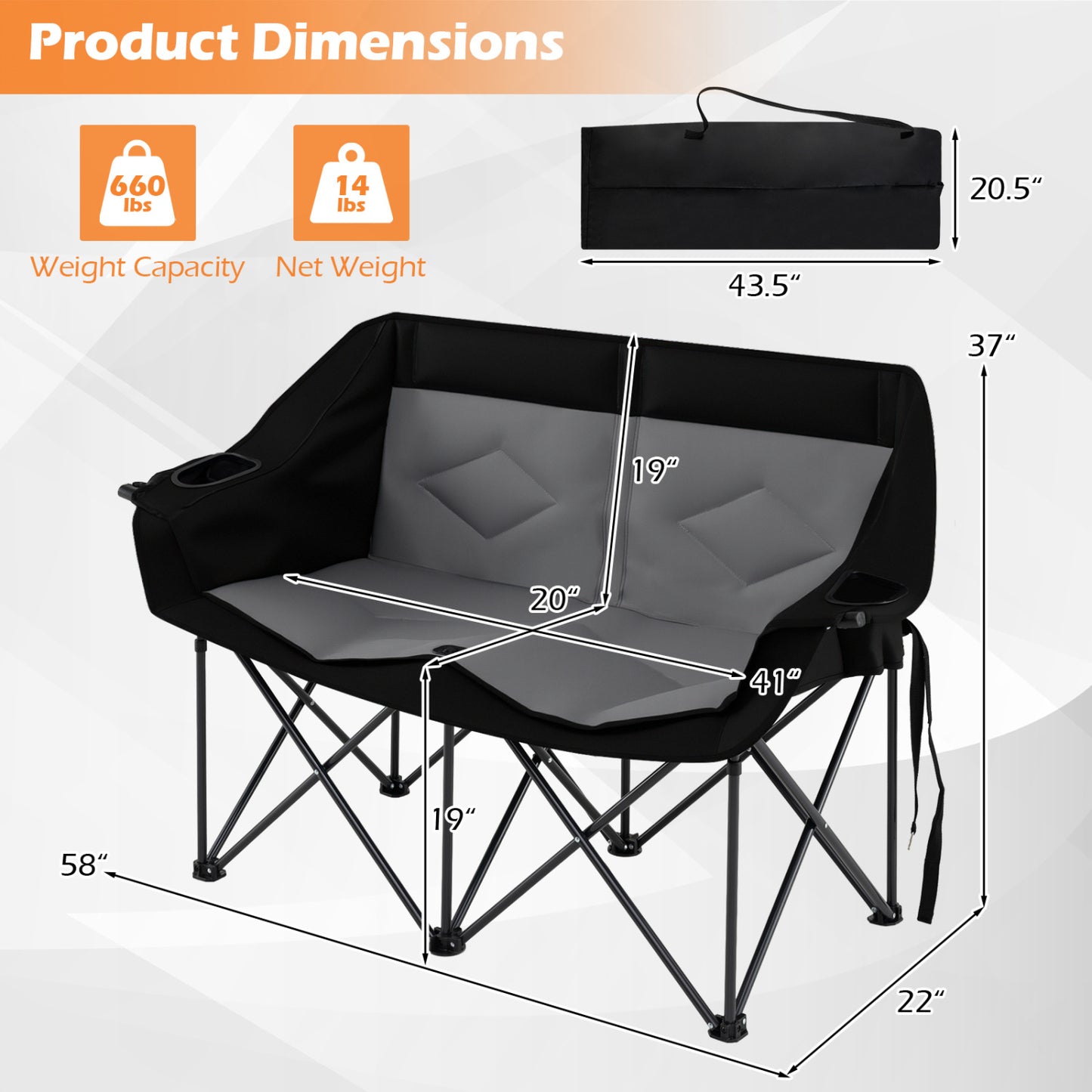 Double Camping Chair with Cup Holders and Storage Pockets