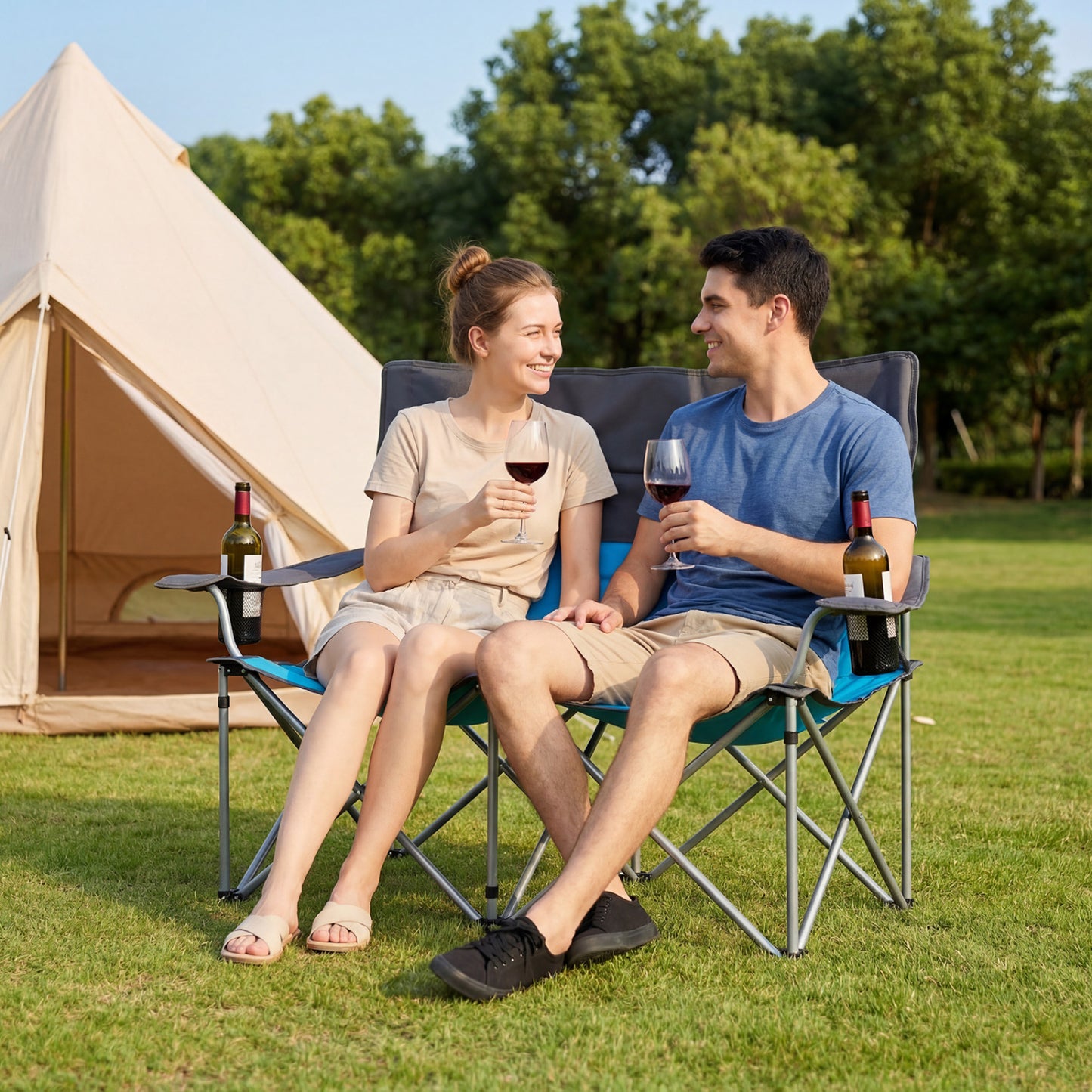 Double Camping Chair with Cup Holders and Carry Bag