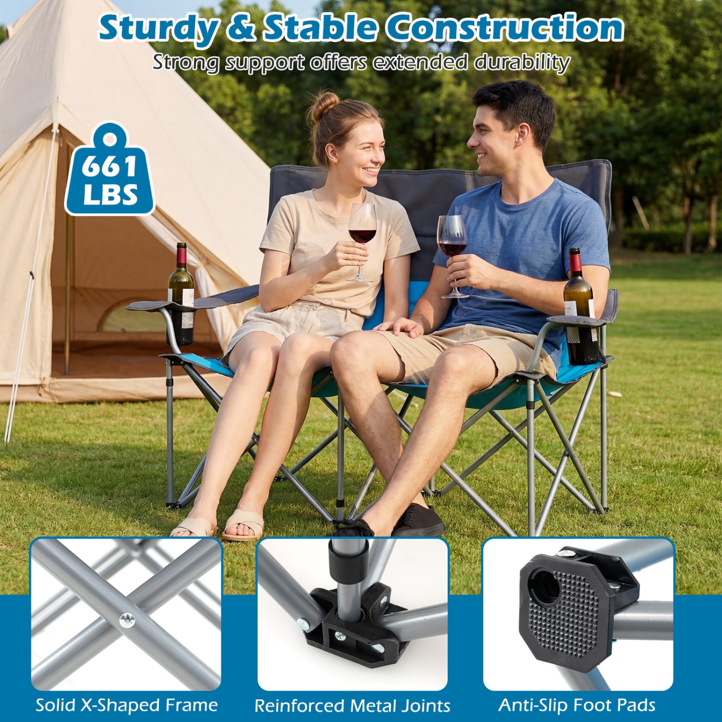 Double Camping Chair with Cup Holders and Carry Bag