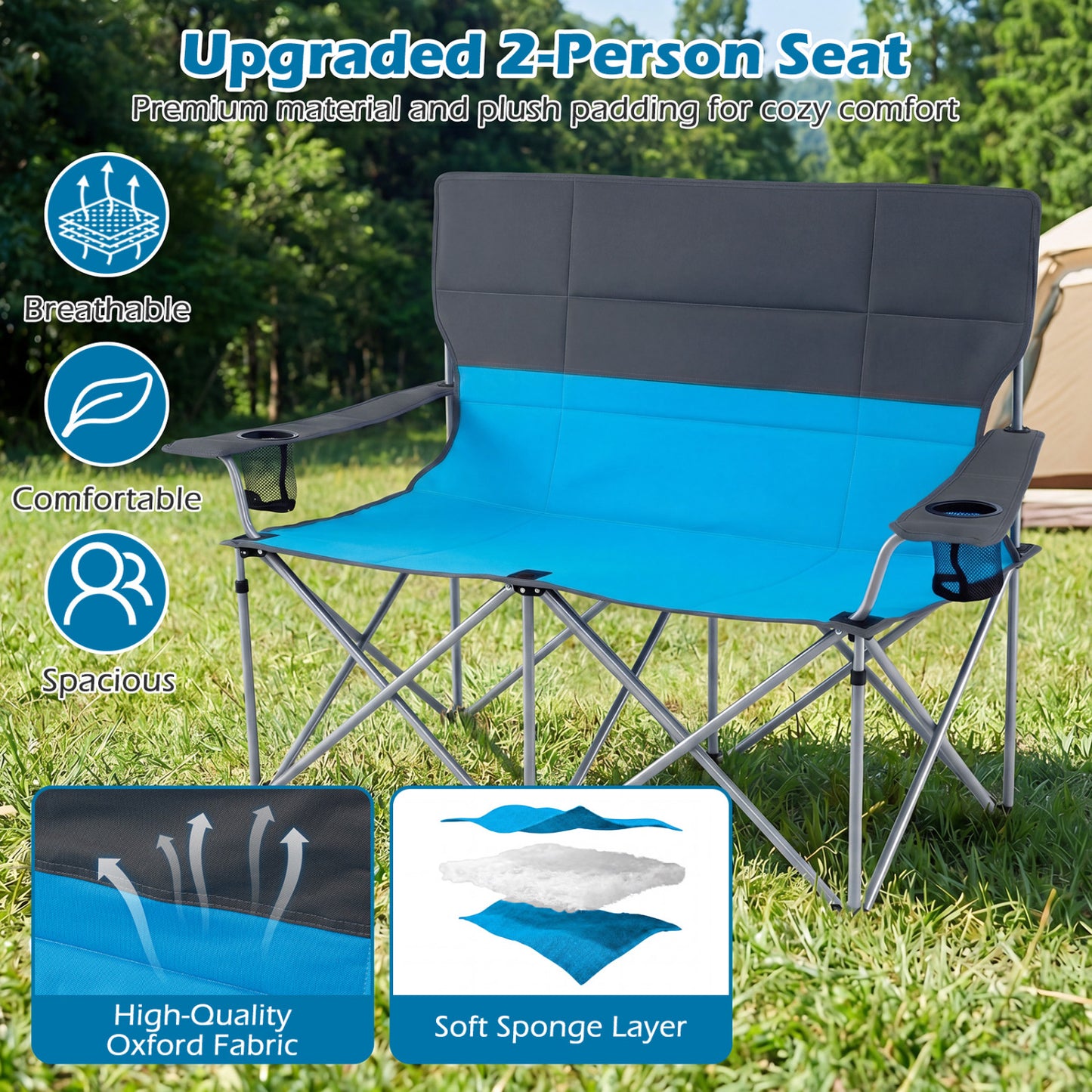 Double Camping Chair with Cup Holders and Carry Bag