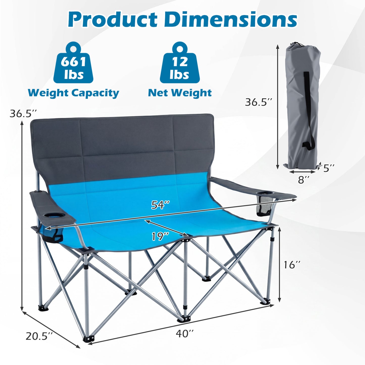 Double Camping Chair with Cup Holders and Carry Bag