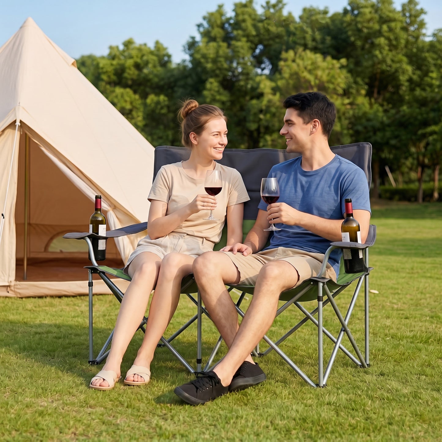 Double Camping Chair with Cup Holders and Carry Bag
