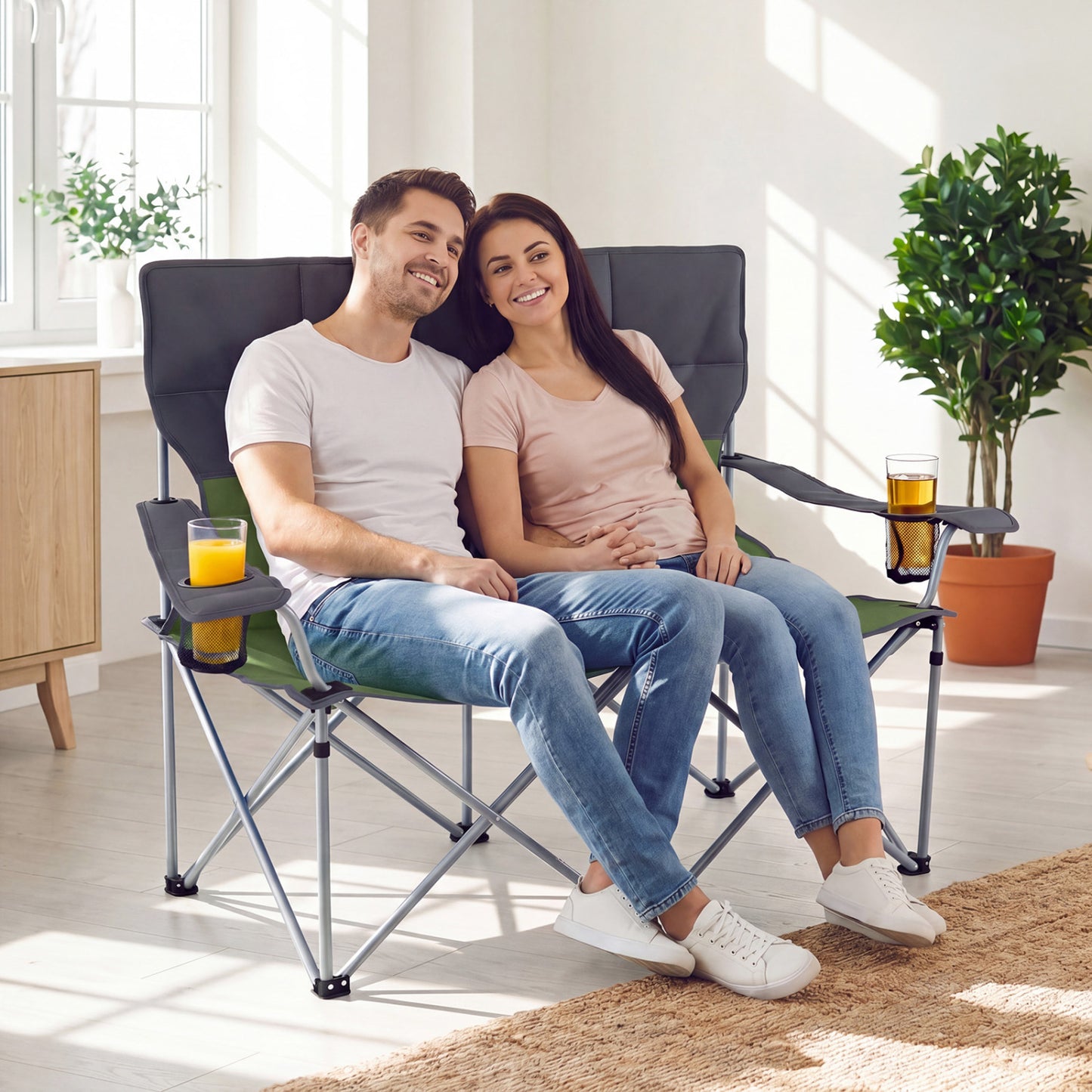 Double Camping Chair with Cup Holders and Carry Bag