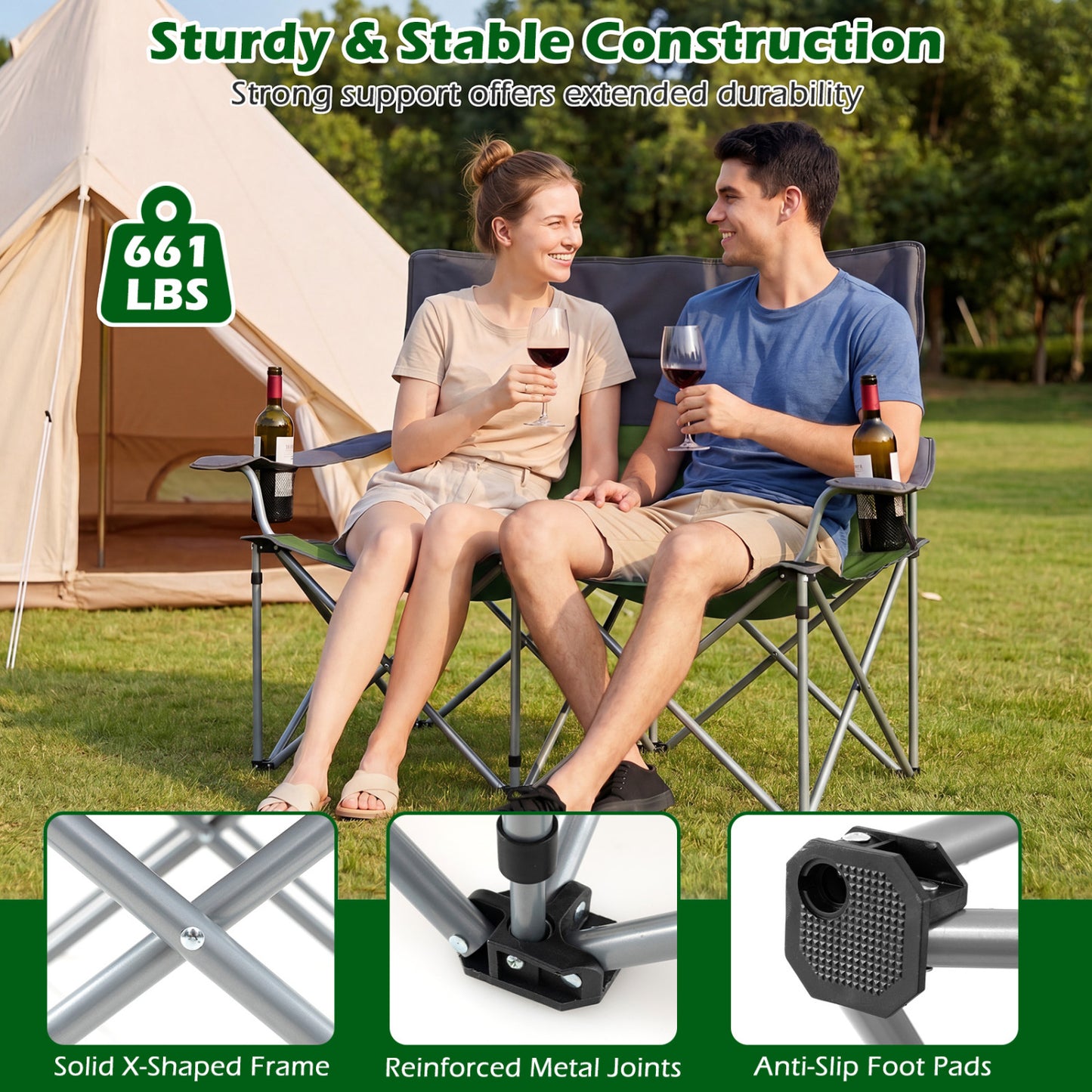 Double Camping Chair with Cup Holders and Carry Bag