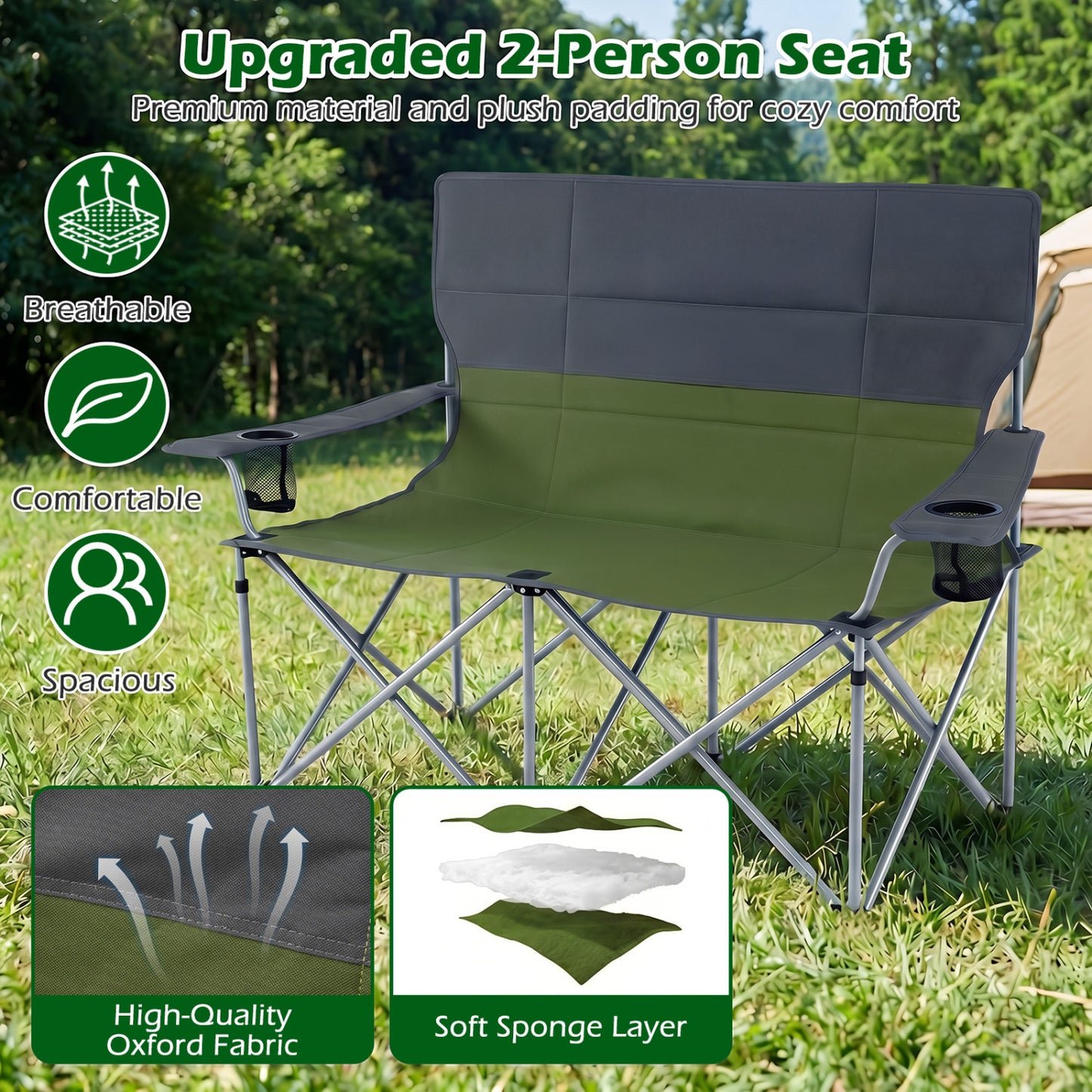 Double Camping Chair with Cup Holders and Carry Bag
