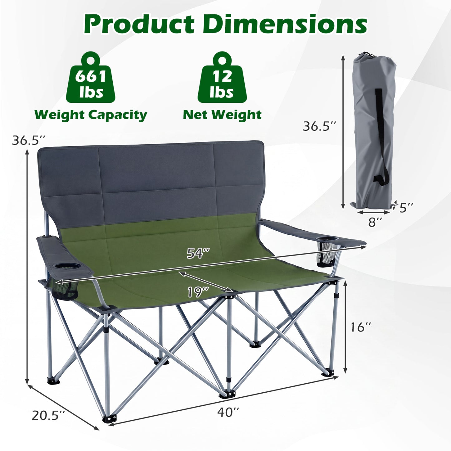 Double Camping Chair with Cup Holders and Carry Bag