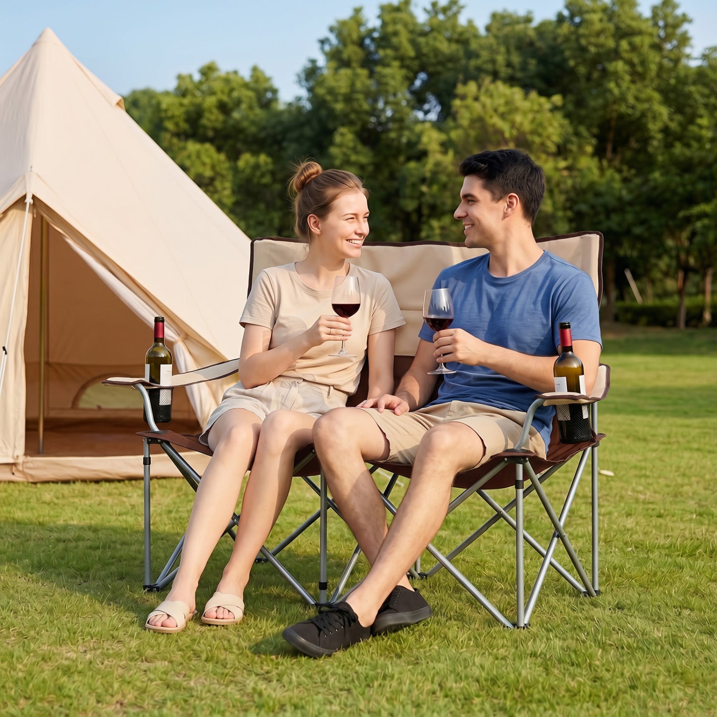 Double Camping Chair with Cup Holders and Carry Bag