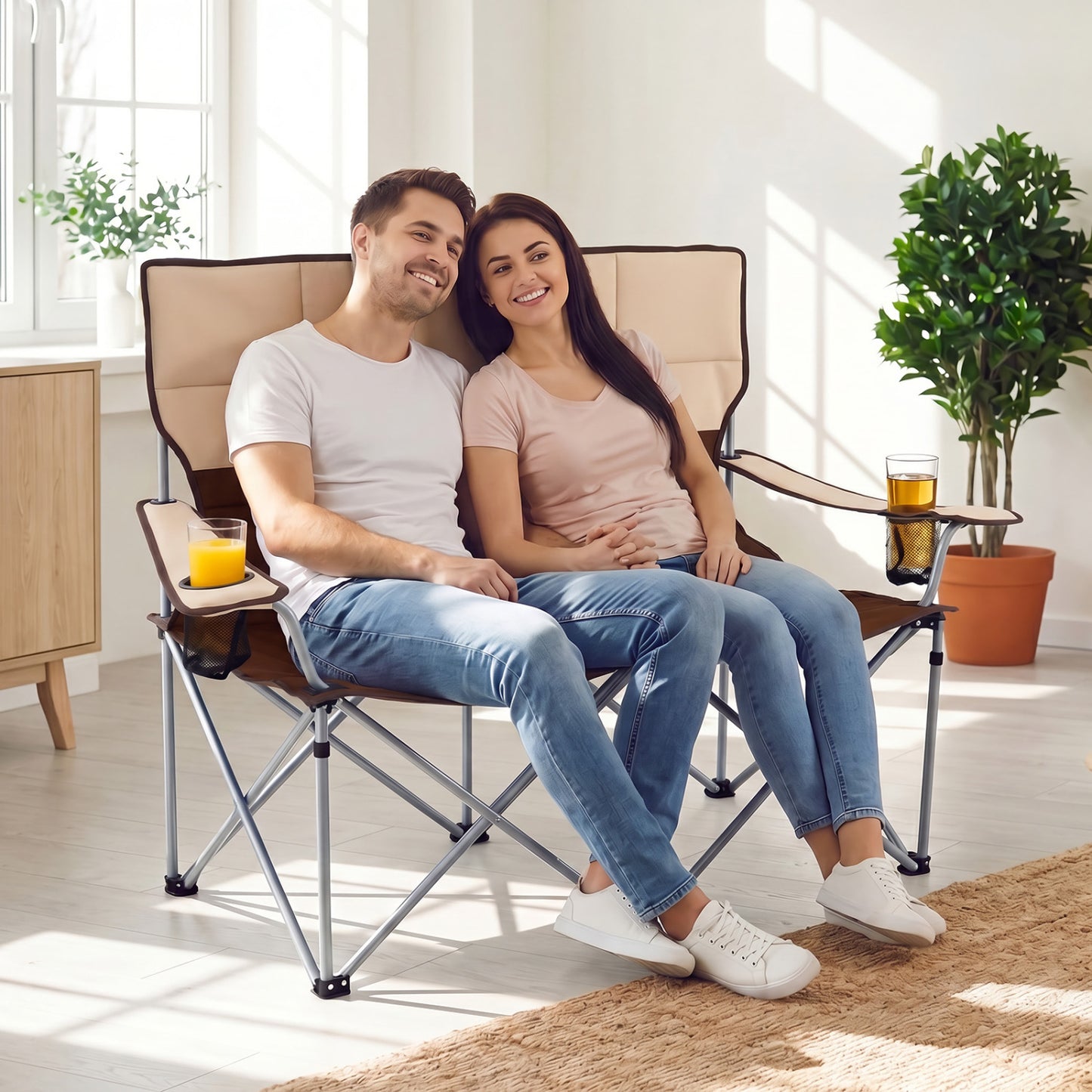 Double Camping Chair with Cup Holders and Carry Bag