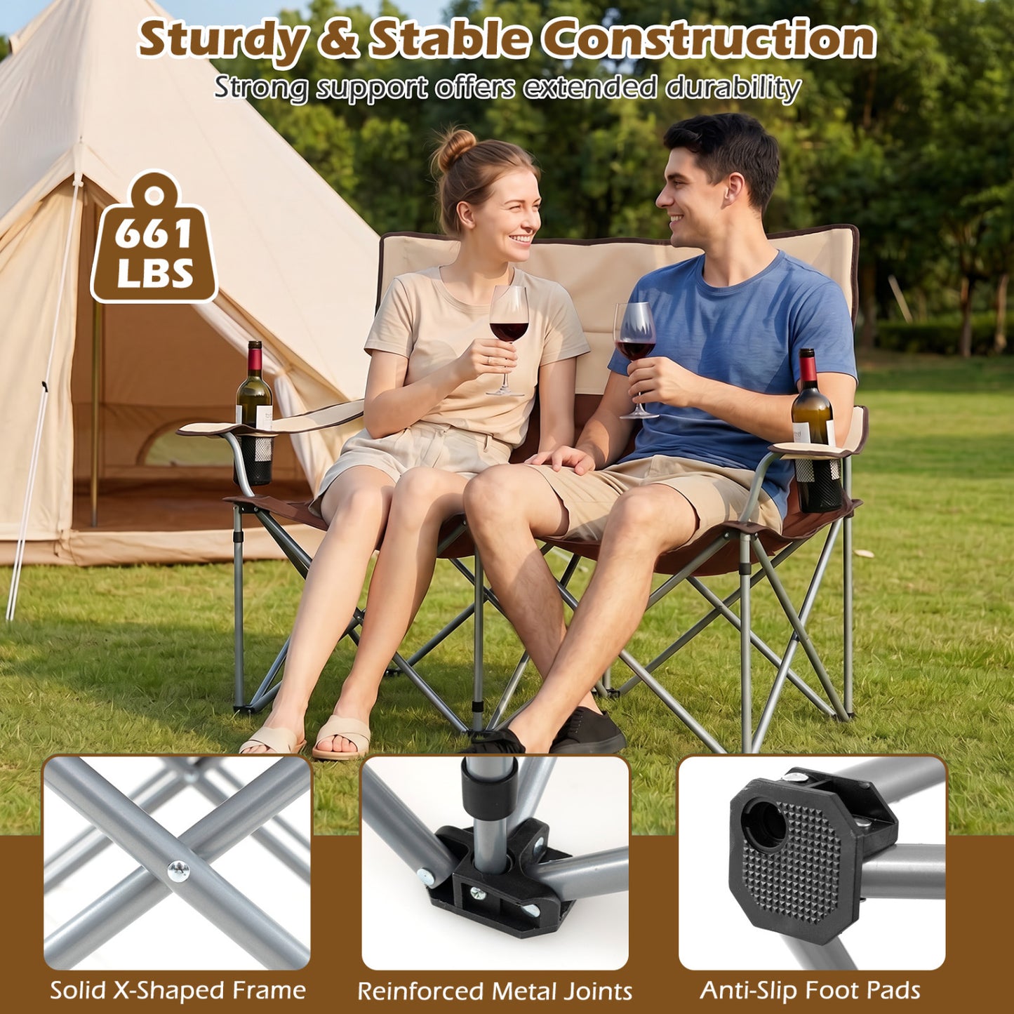 Double Camping Chair with Cup Holders and Carry Bag