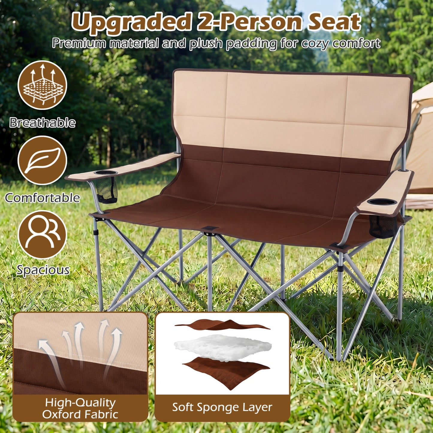 Double Camping Chair with Cup Holders and Carry Bag