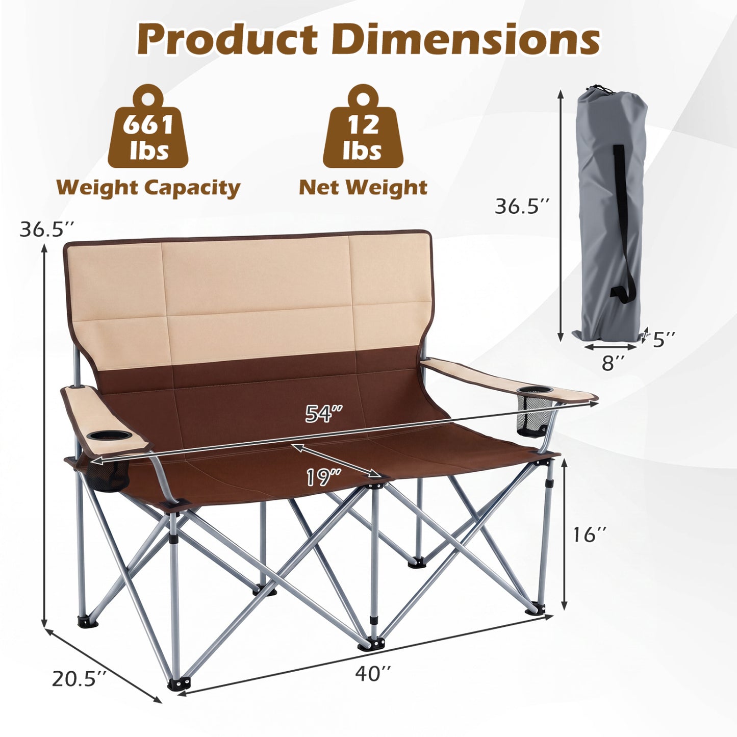 Double Camping Chair with Cup Holders and Carry Bag