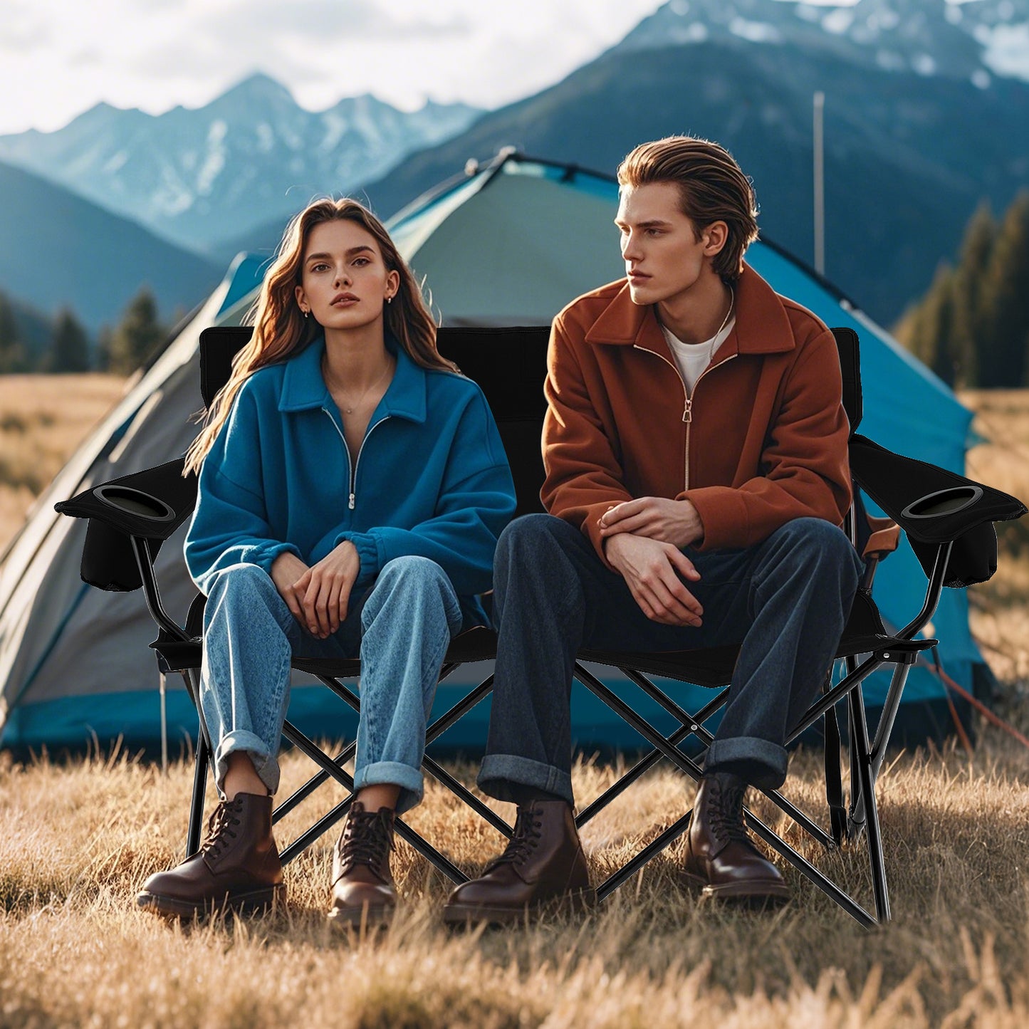 Double Camping Chair 2-Person Folding Loveseat with Cup Holders