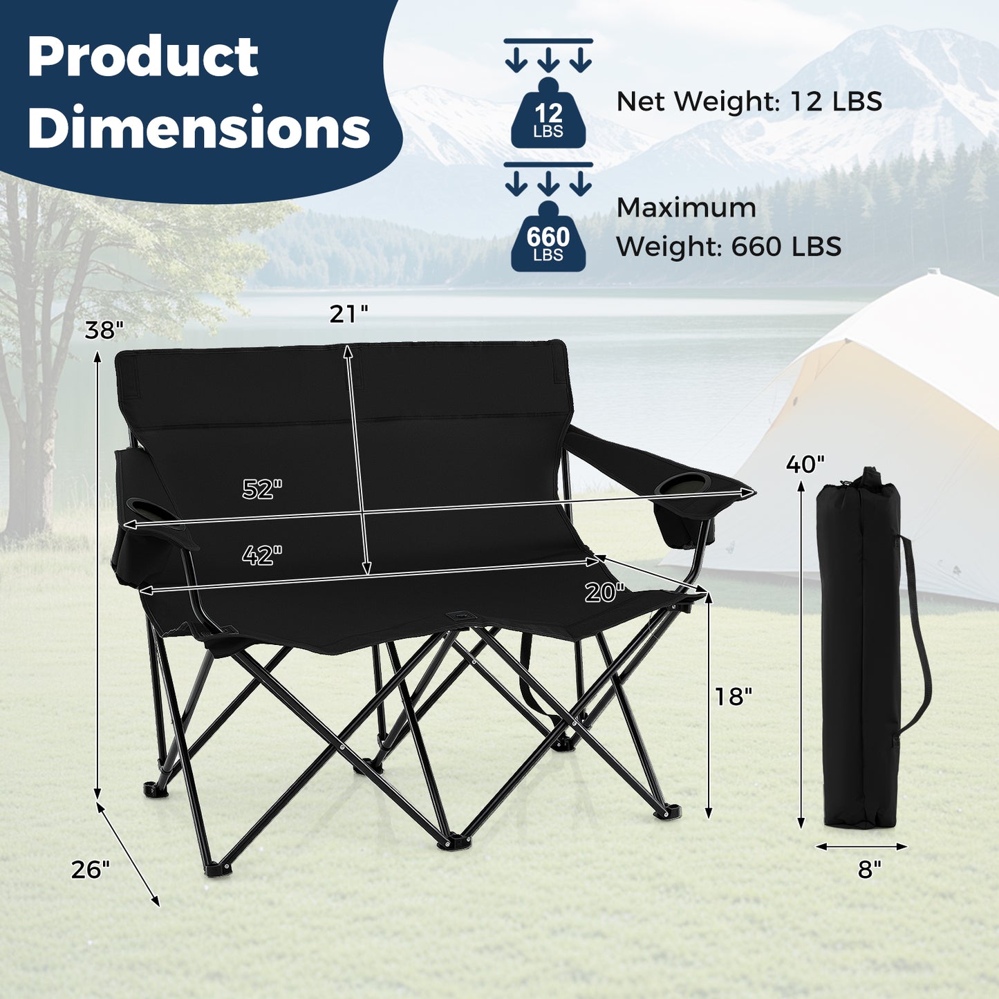 Double Camping Chair 2-Person Folding Loveseat with Cup Holders