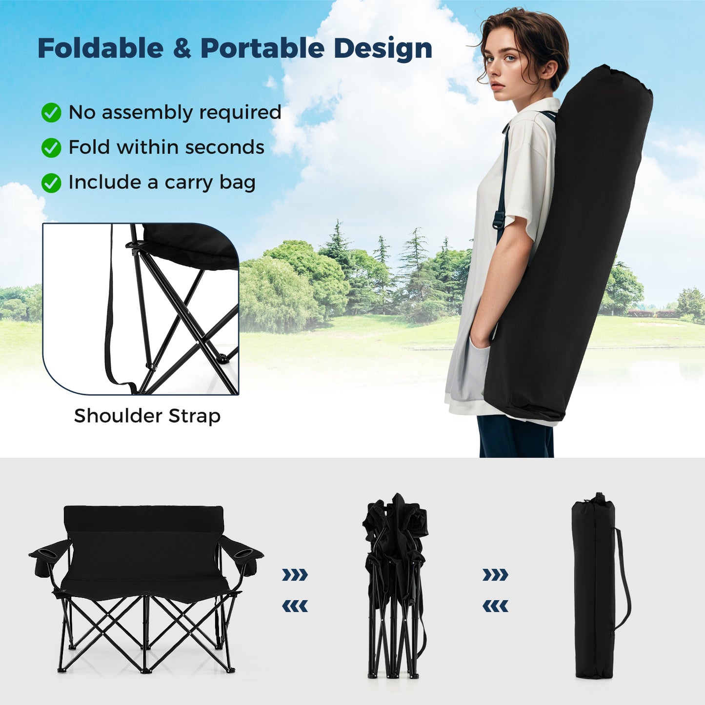 Double Camping Chair 2-Person Folding Loveseat with Cup Holders