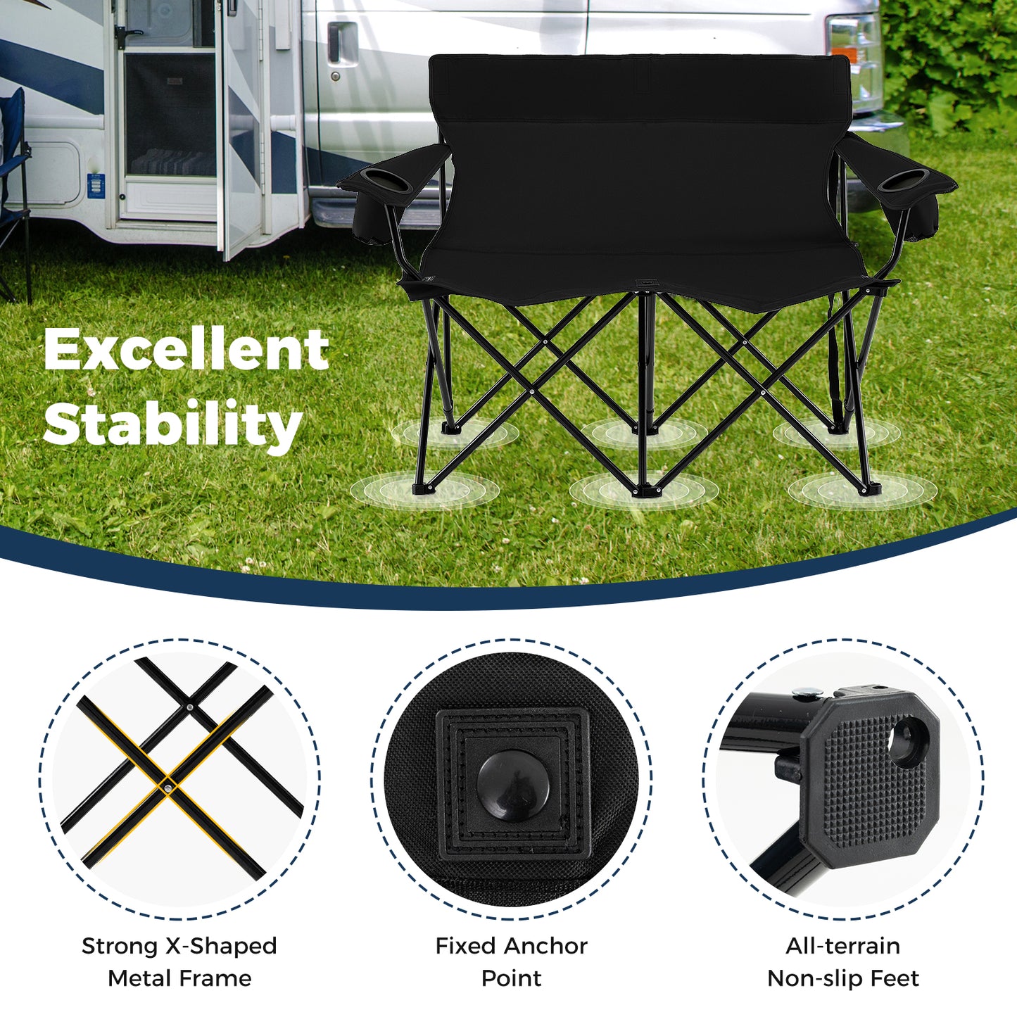 Double Camping Chair 2-Person Folding Loveseat with Cup Holders