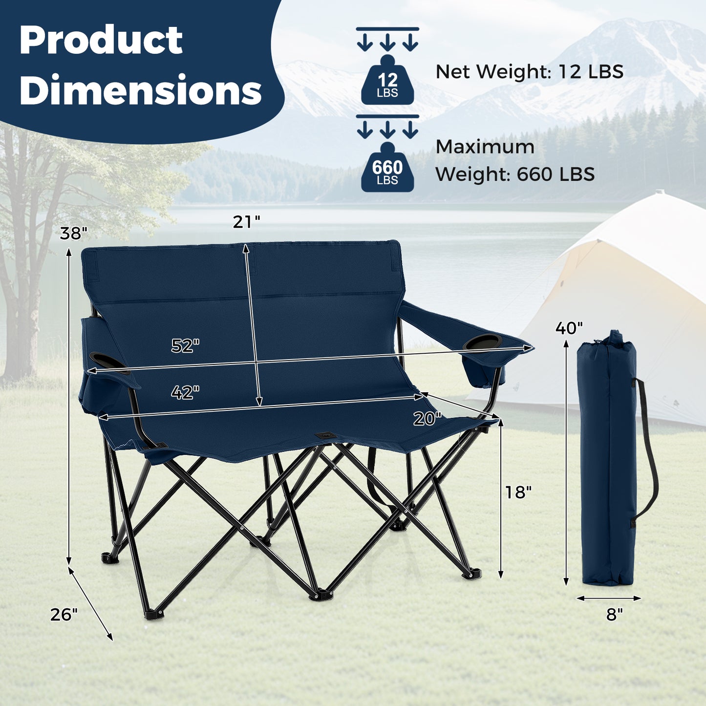 Double Camping Chair 2-Person Folding Loveseat with Cup Holders