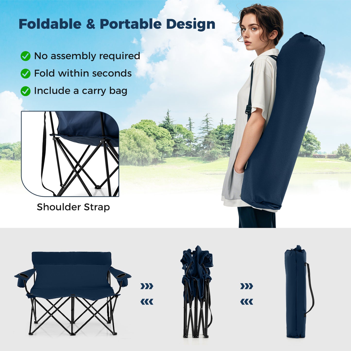 Double Camping Chair 2-Person Folding Loveseat with Cup Holders