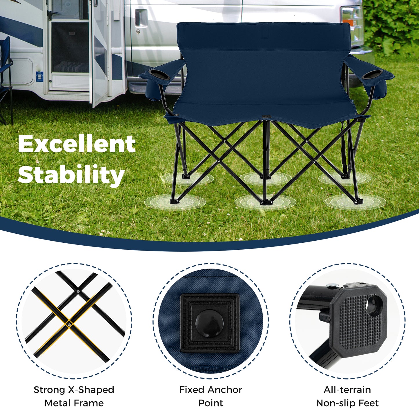 Double Camping Chair 2-Person Folding Loveseat with Cup Holders