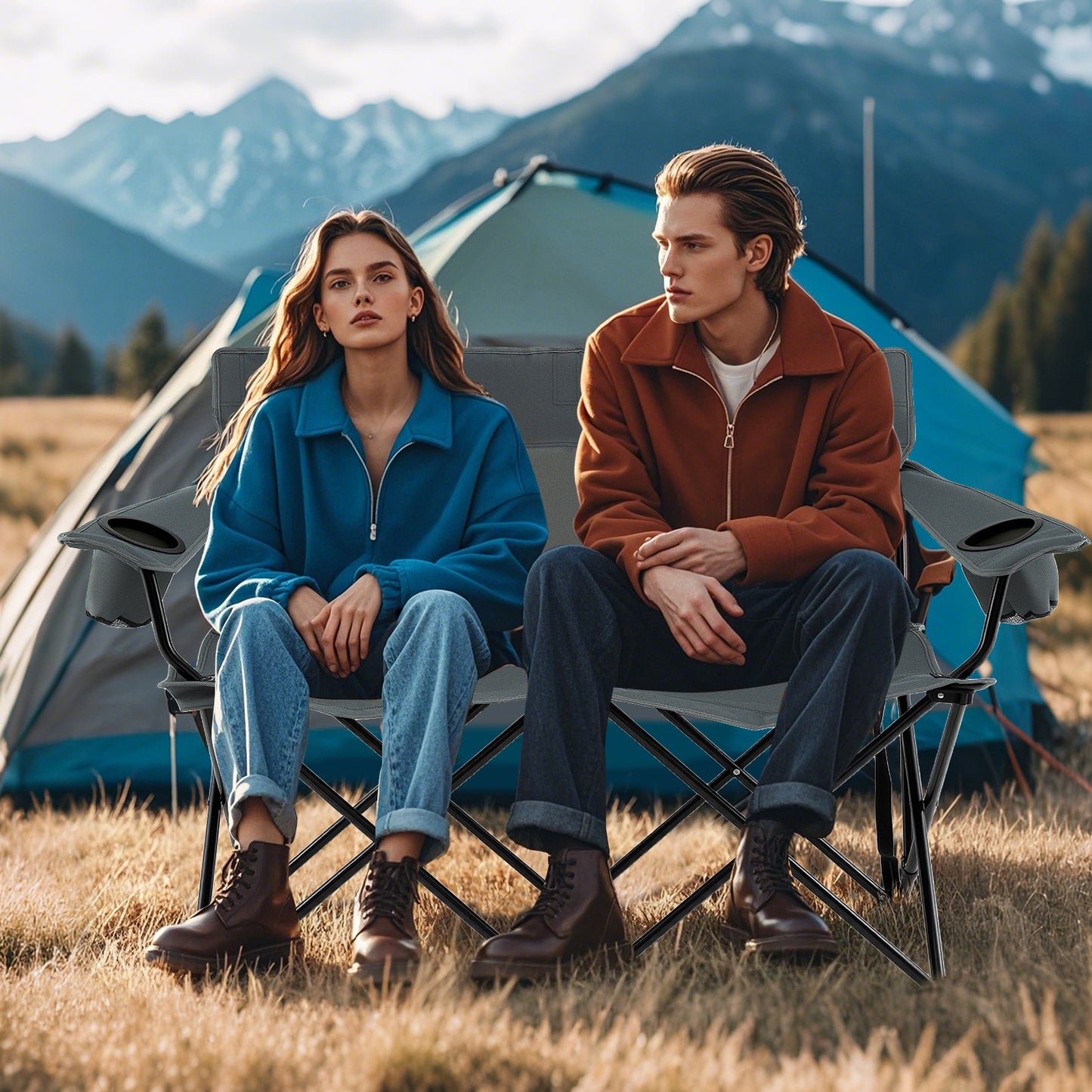 Double Camping Chair 2-Person Folding Loveseat with Cup Holders
