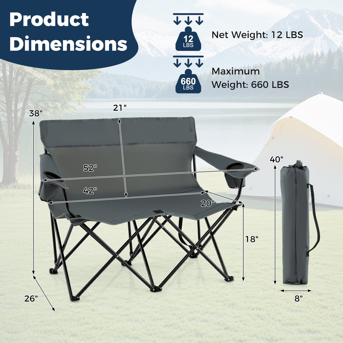 Double Camping Chair 2-Person Folding Loveseat with Cup Holders