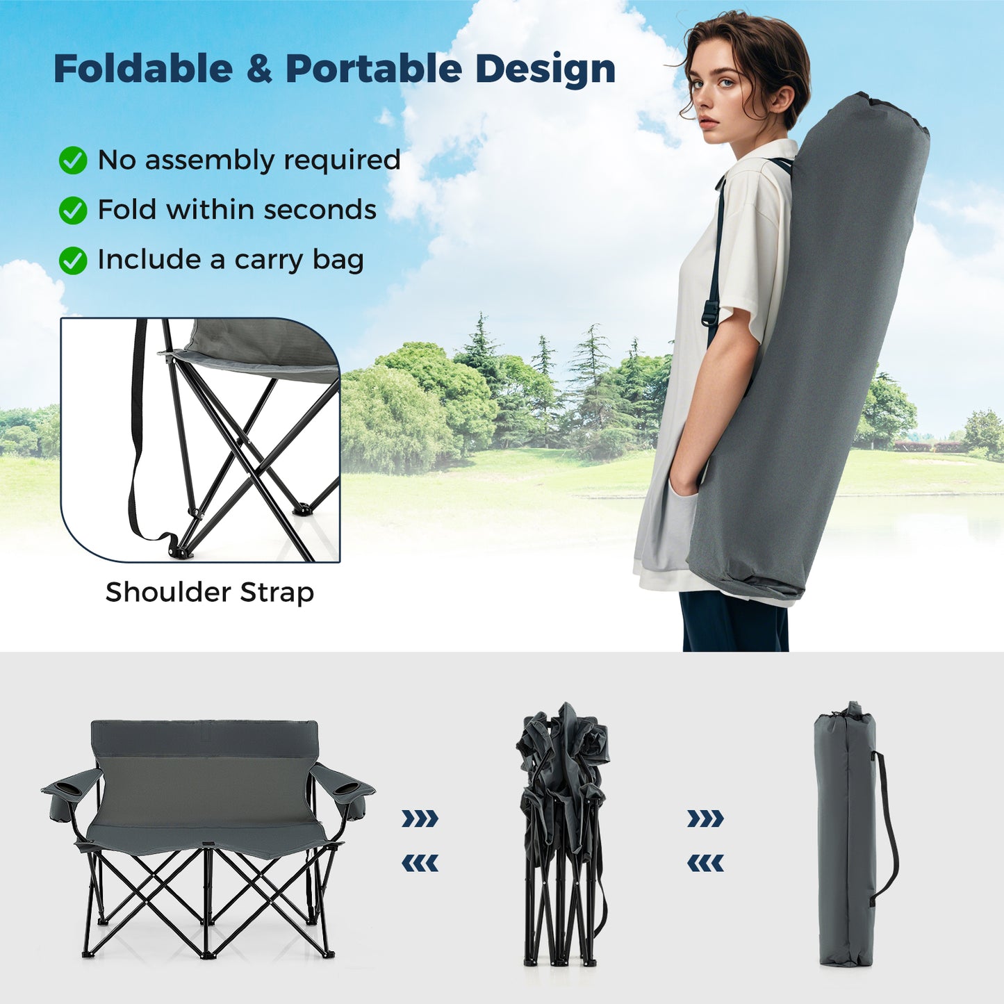 Double Camping Chair 2-Person Folding Loveseat with Cup Holders