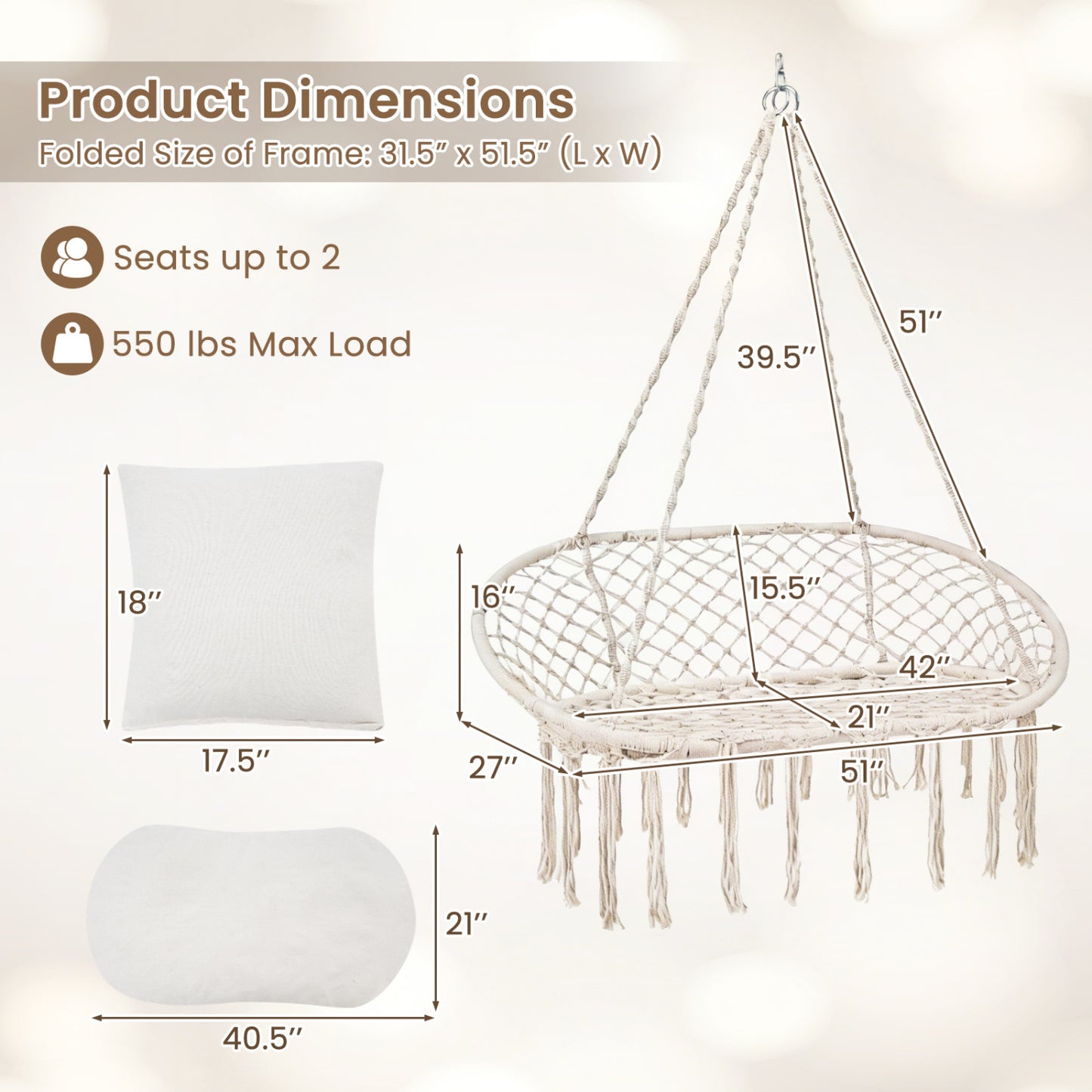 Double Macrame Hammock Swing Chair with Cushions - Beige