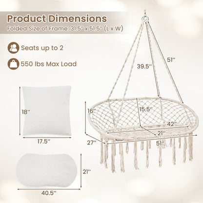 Double Macrame Hammock Swing Chair with Cushions - Beige