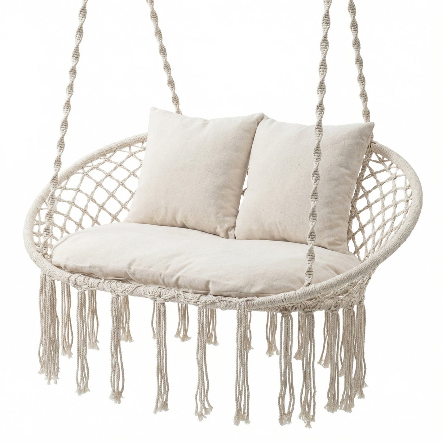 Double Macrame Hammock Swing Chair with Cushions - Beige