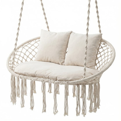 Double Macrame Hammock Swing Chair with Cushions - Beige