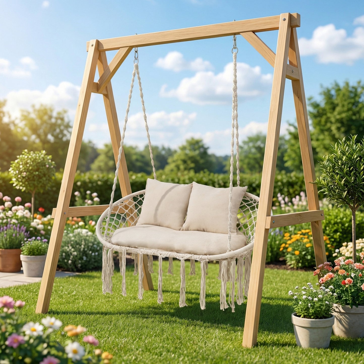 Double Macrame Hammock Swing Chair with Cushions - Beige