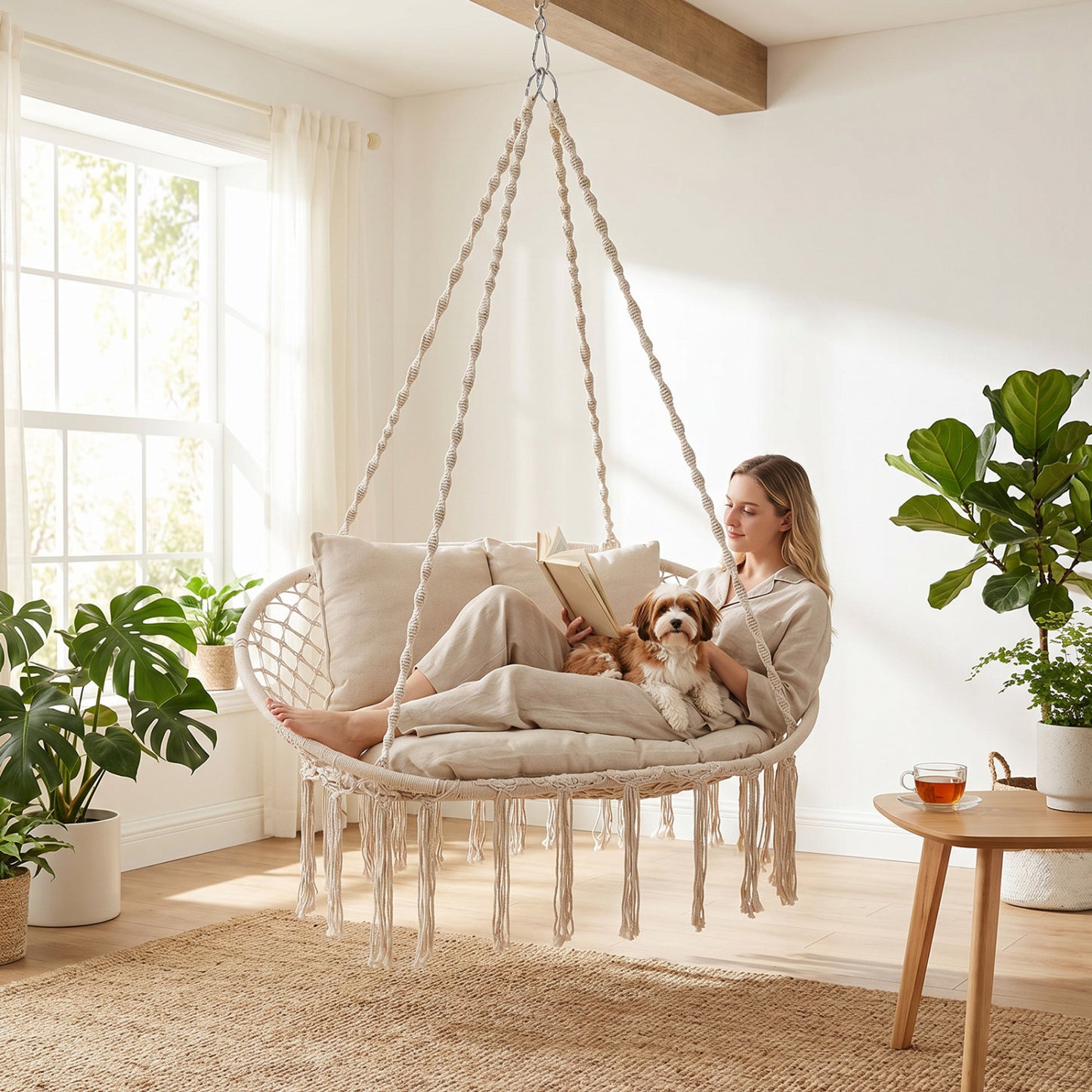 Double Macrame Hammock Swing Chair with Cushions - Beige