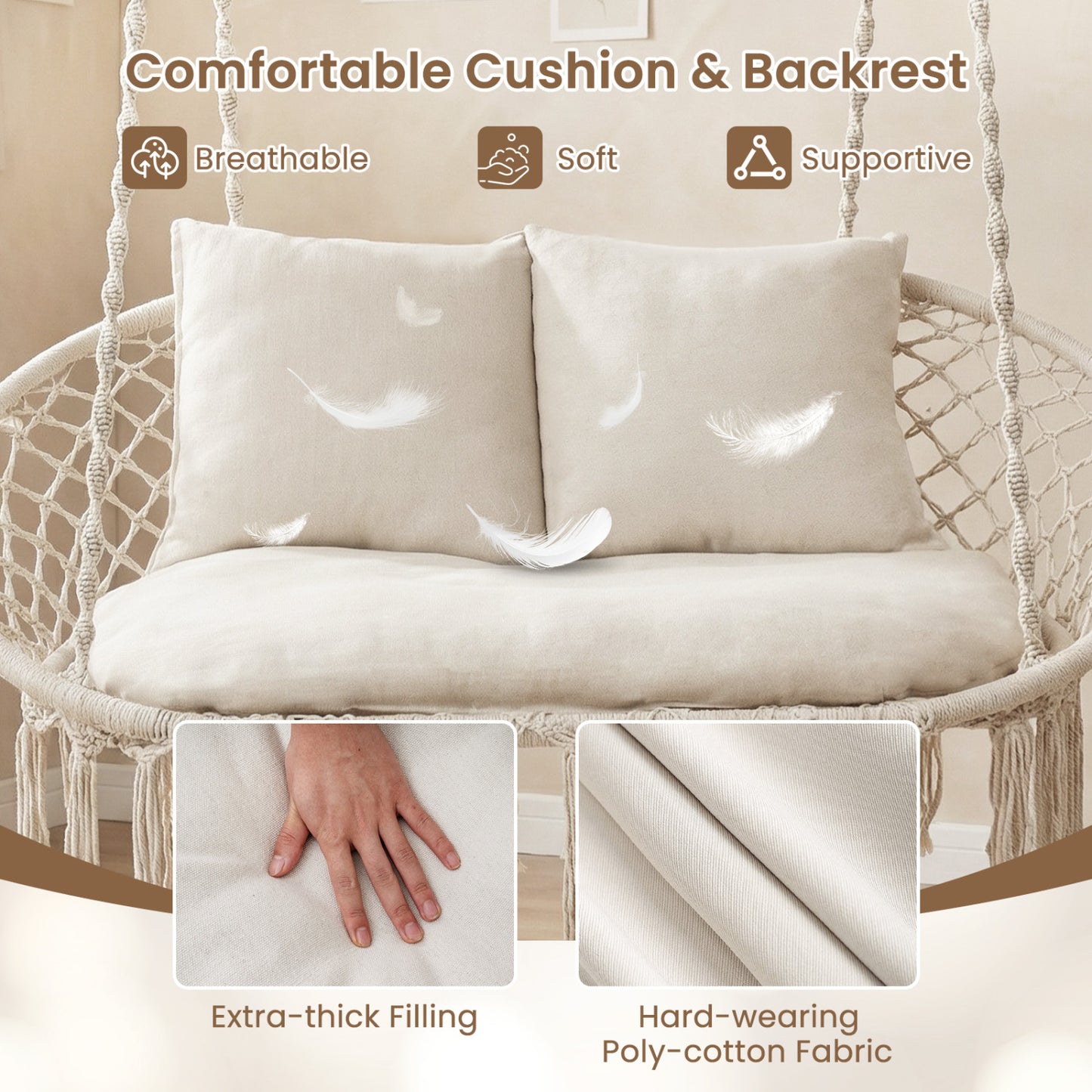 Double Macrame Hammock Swing Chair with Cushions - Beige