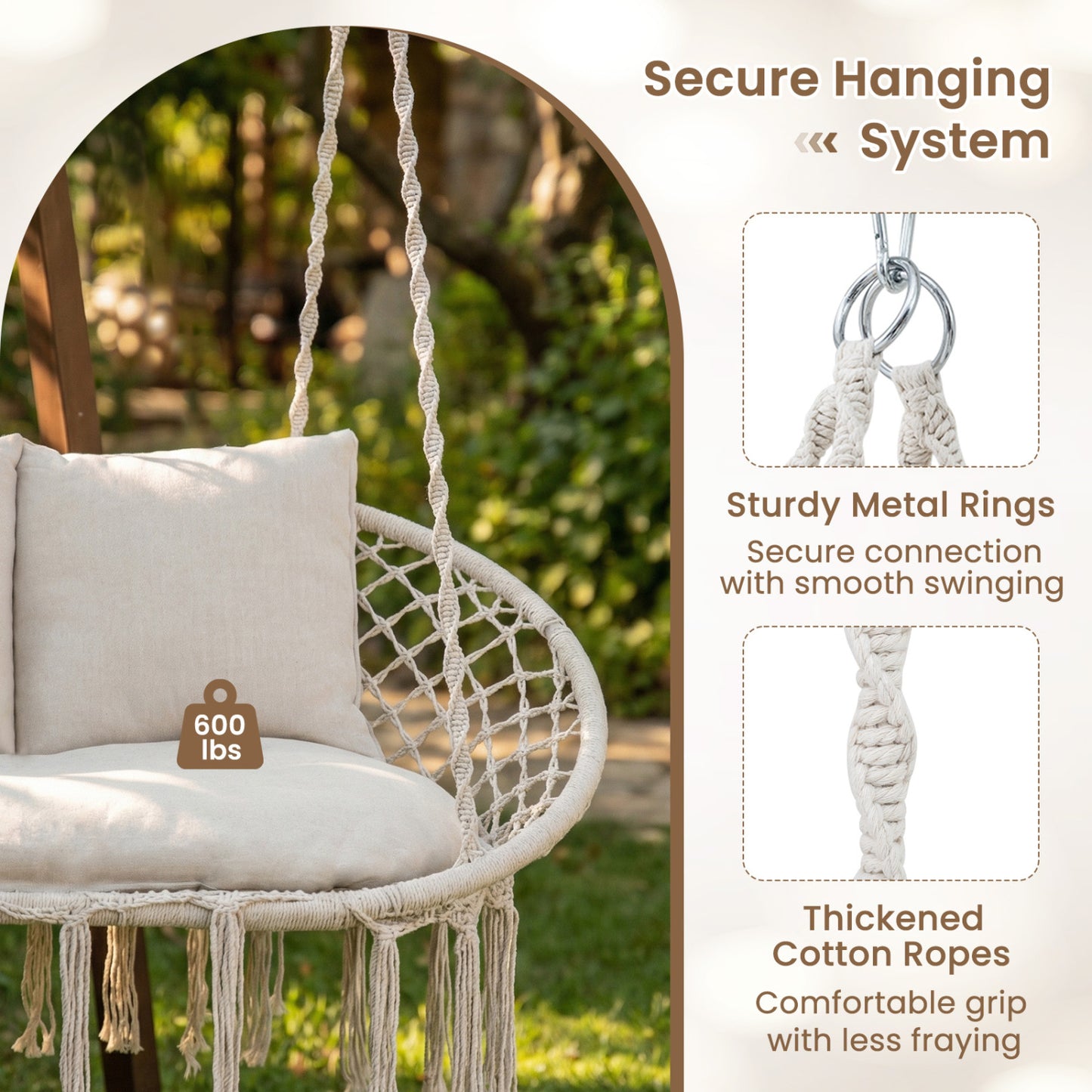 Double Macrame Hammock Swing Chair with Cushions - Beige