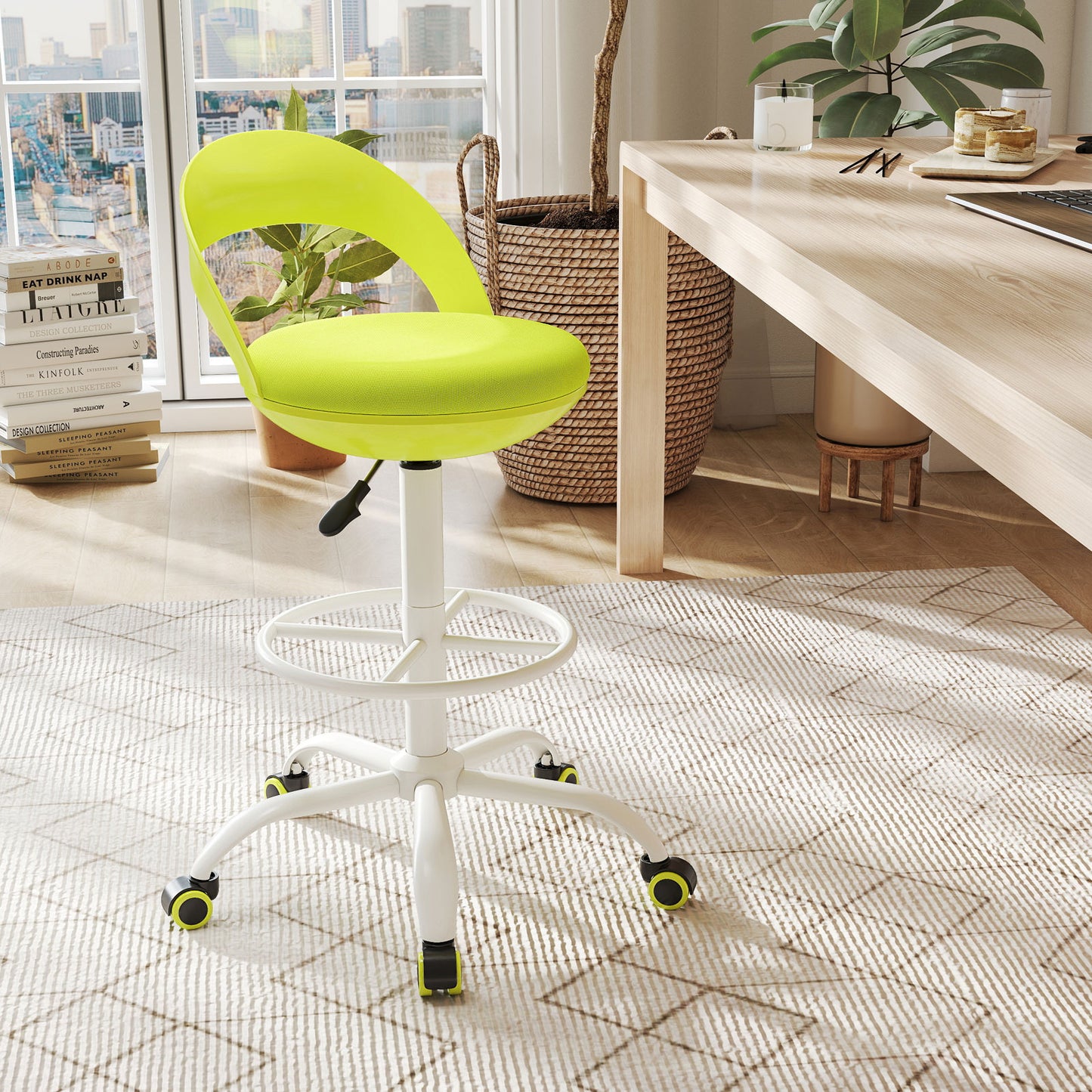 Drafting Stool with Wheels and Footrest - Green