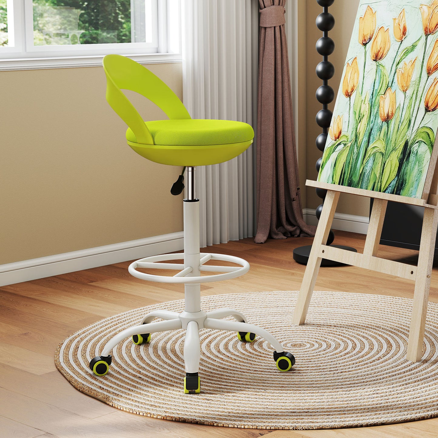 Drafting Stool with Wheels and Footrest - Green