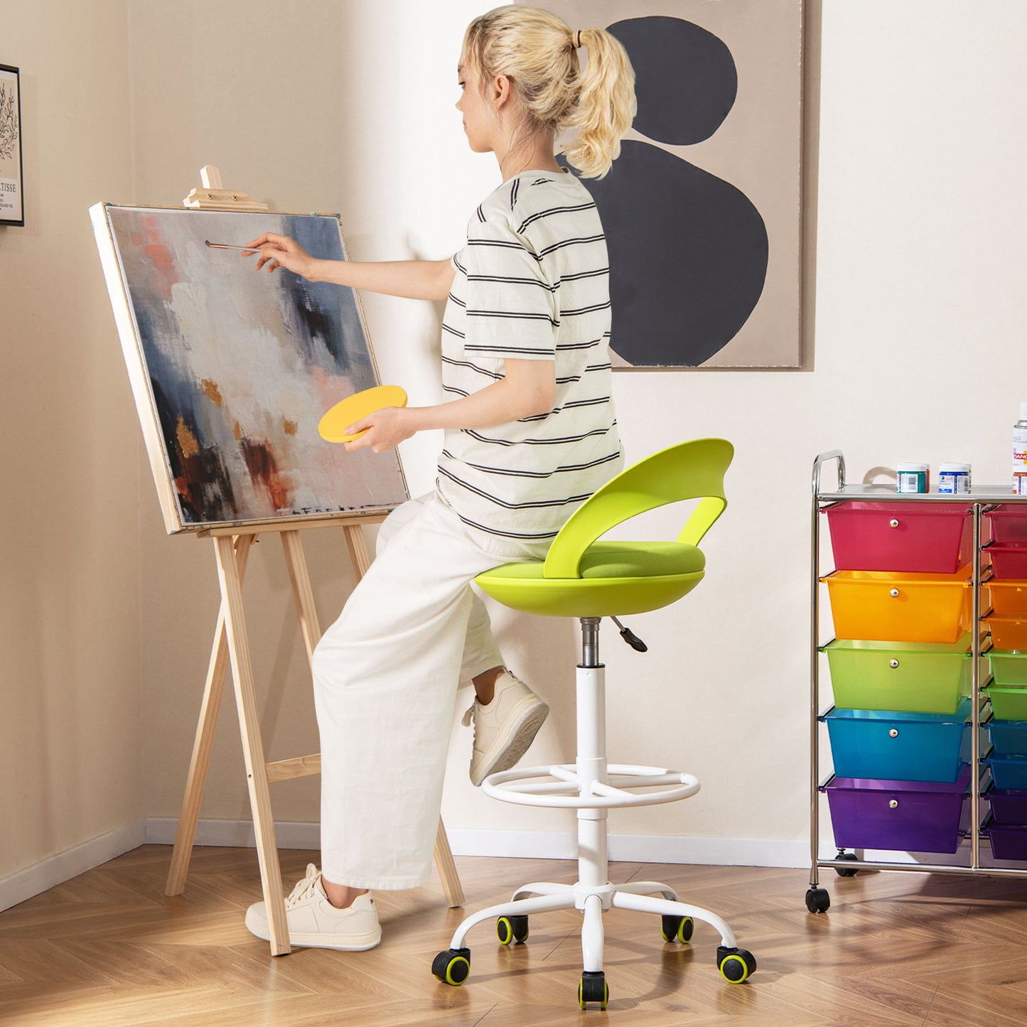 Drafting Stool with Wheels and Footrest - Green