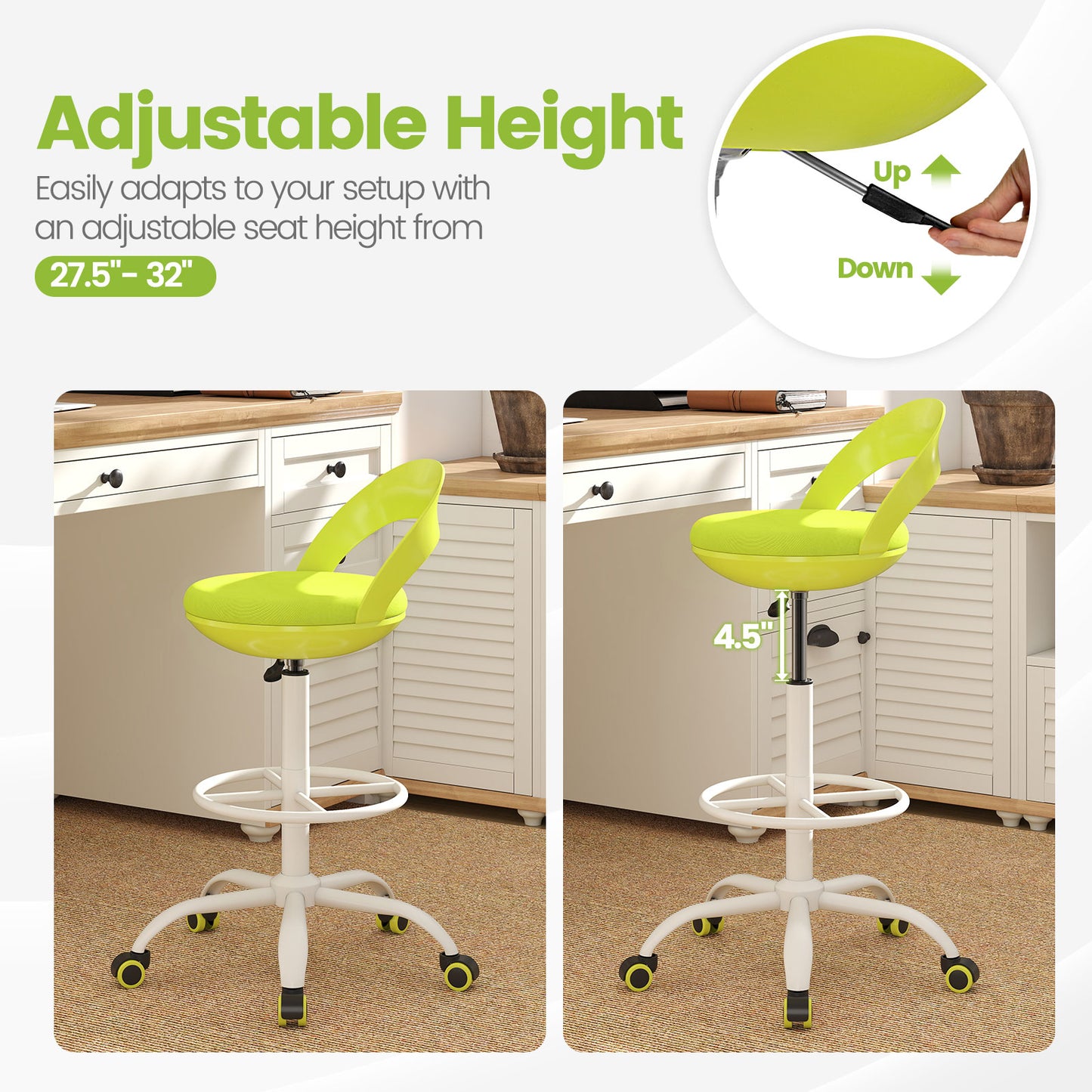 Drafting Stool with Wheels and Footrest - Green