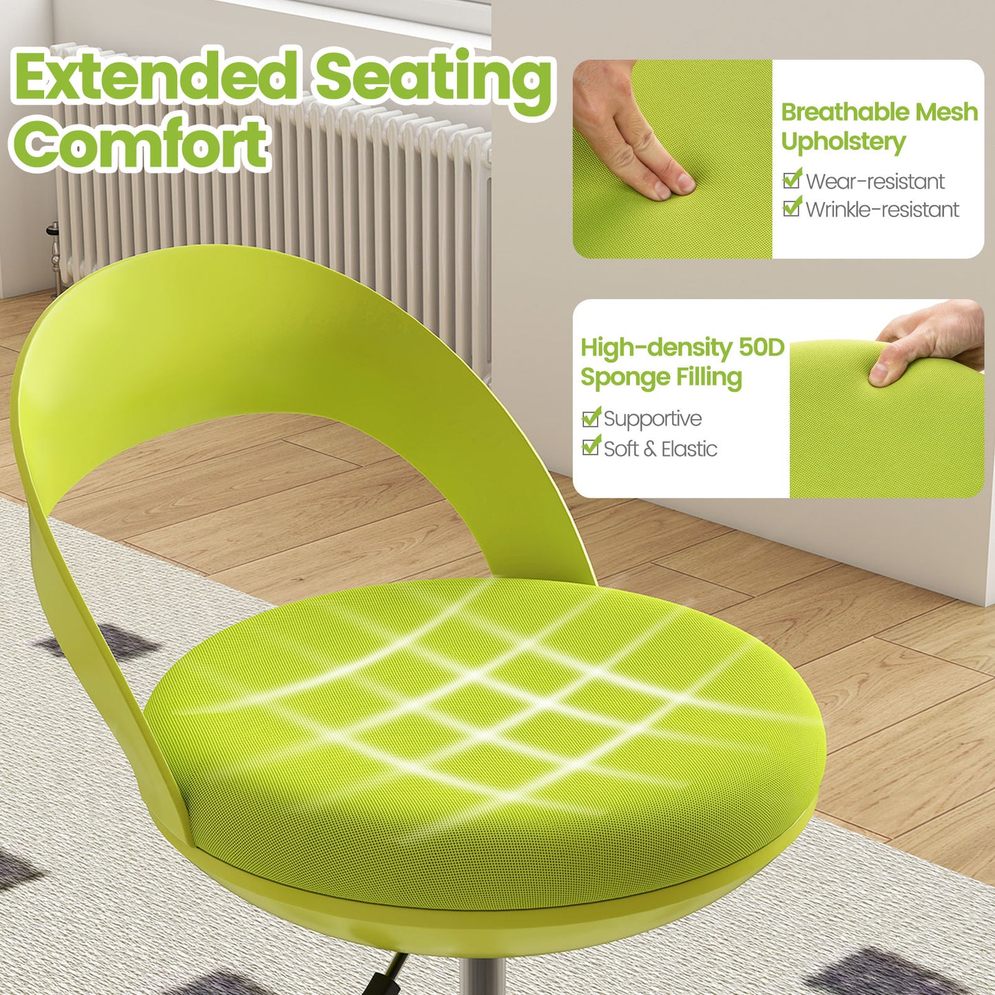 Drafting Stool with Wheels and Footrest - Green