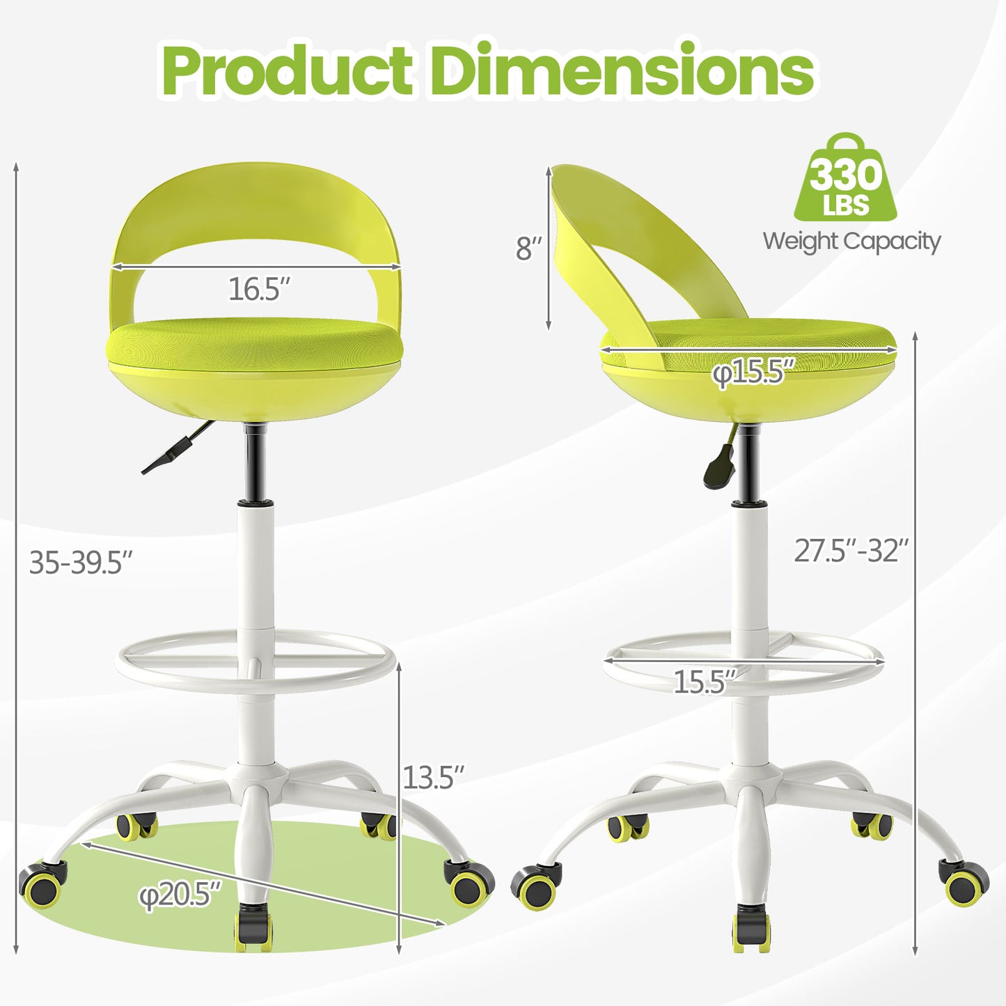 Drafting Stool with Wheels and Footrest - Green