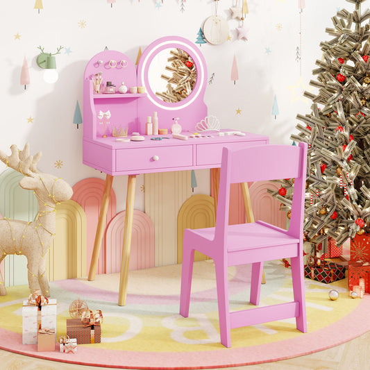 Kids Vanity Table and Chair Set with Lighted Mirror