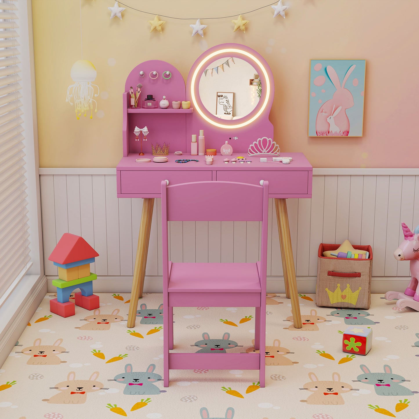 Kids Vanity Table and Chair Set with Lighted Mirror