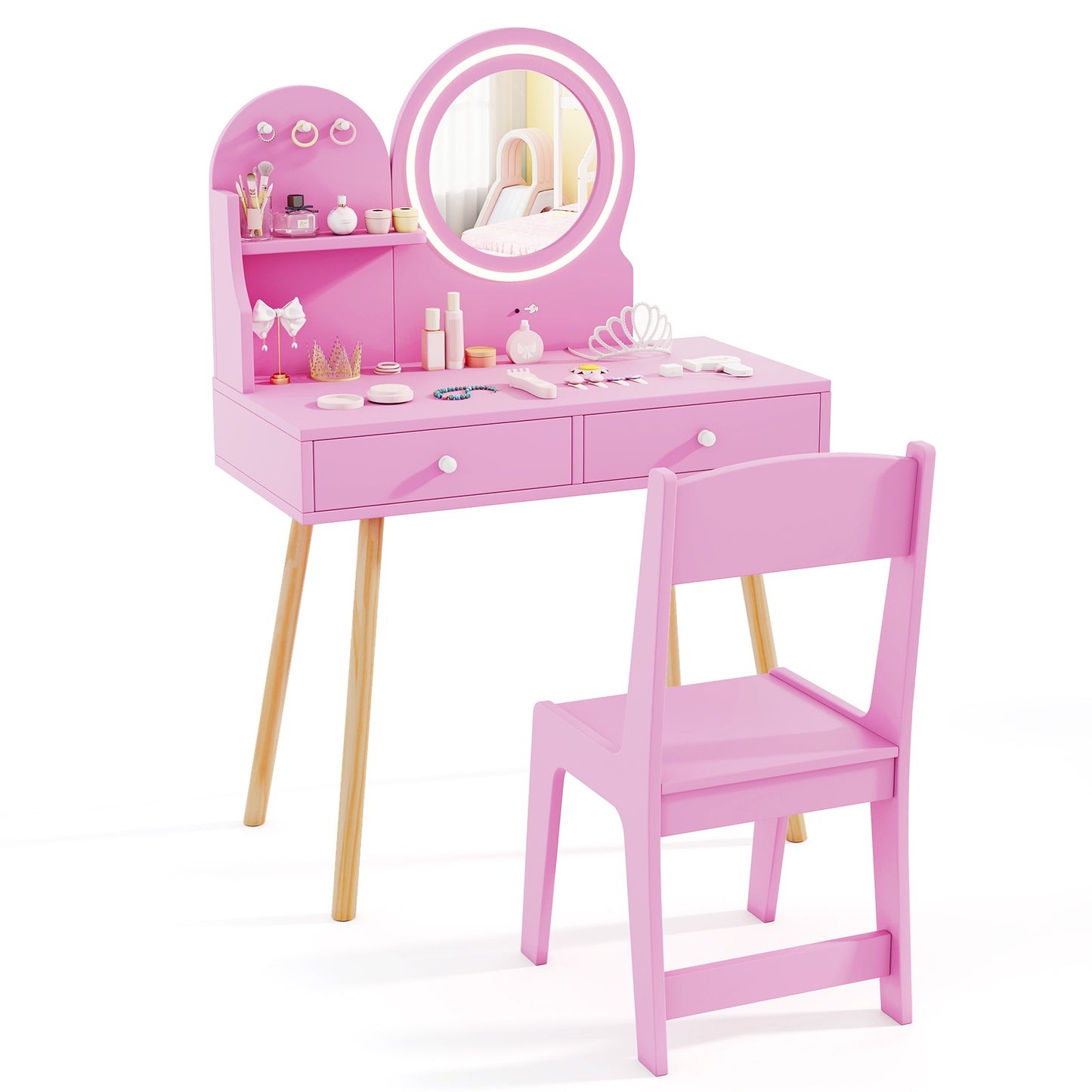 Kids Vanity Table and Chair Set with Lighted Mirror