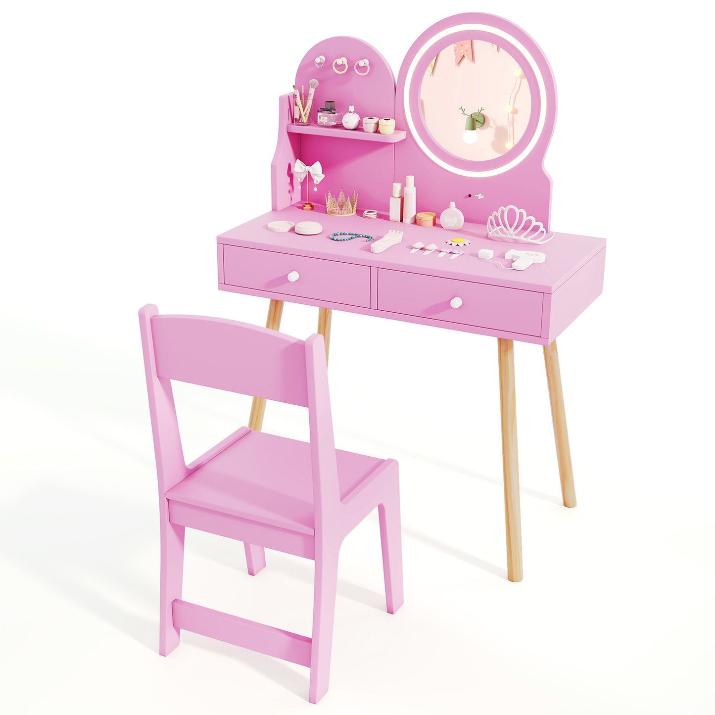 Kids Vanity Table and Chair Set with Lighted Mirror