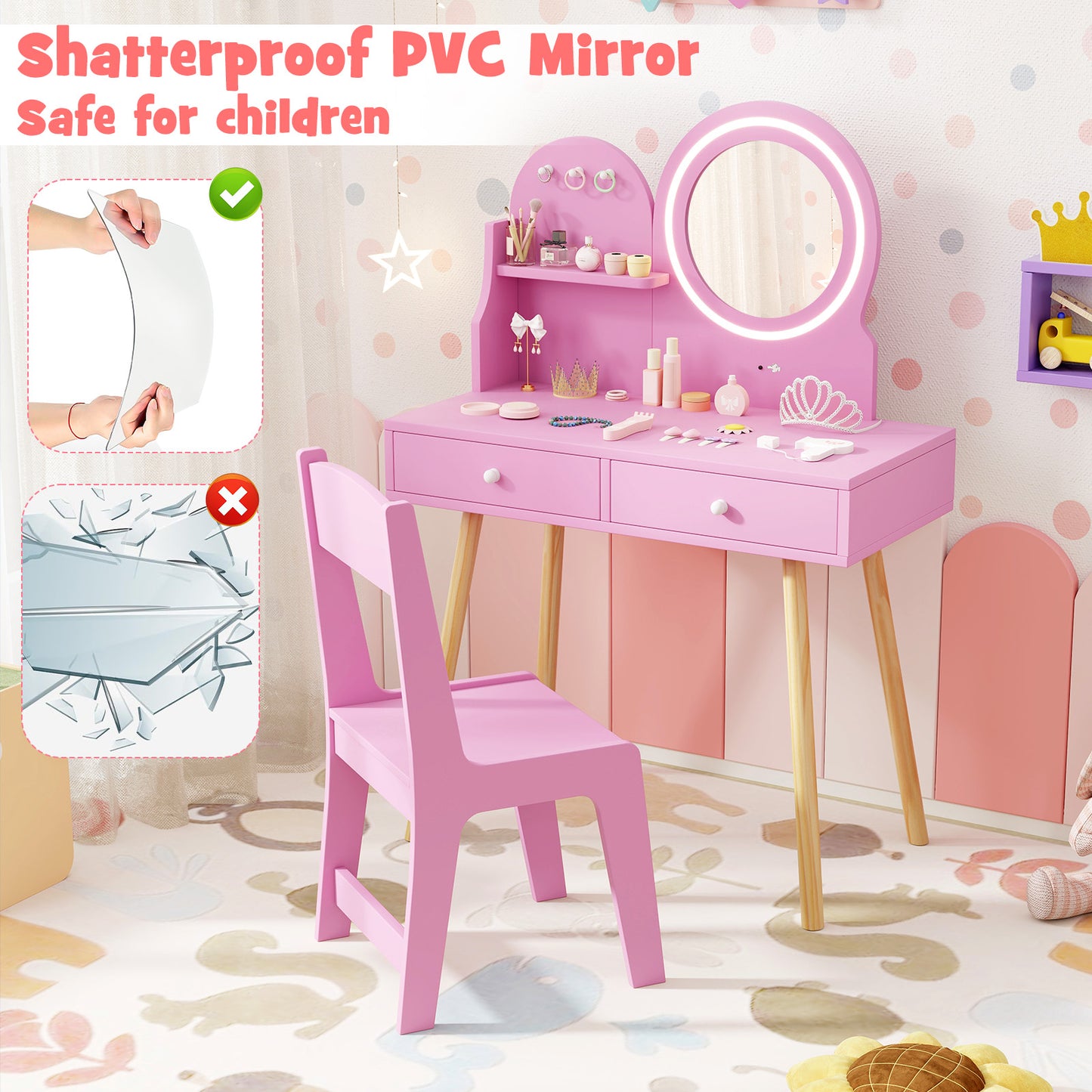 Kids Vanity Table and Chair Set with Lighted Mirror