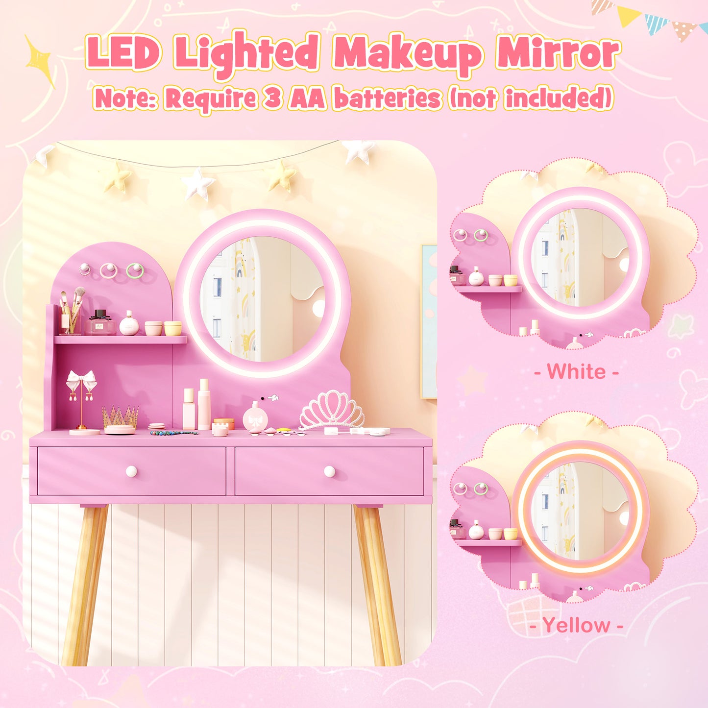 Kids Vanity Table and Chair Set with Lighted Mirror