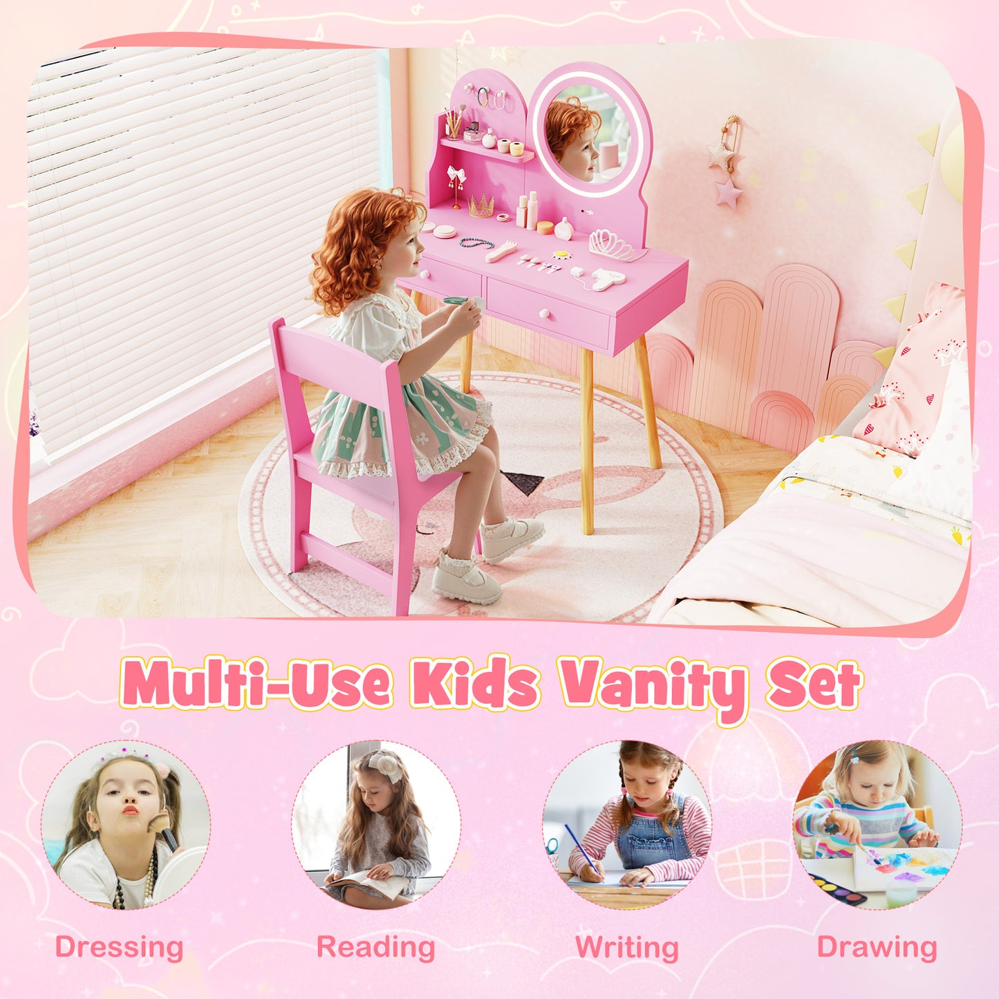 Kids Vanity Table and Chair Set with Lighted Mirror