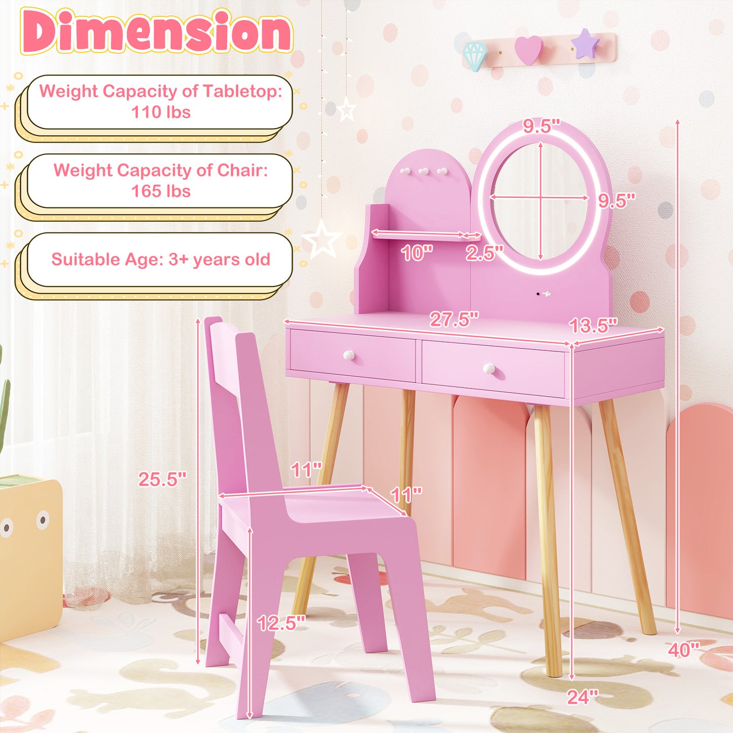 Kids Vanity Table and Chair Set with Lighted Mirror