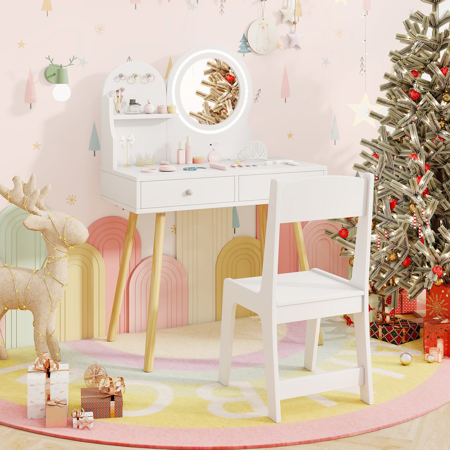 Kids Vanity Table and Chair Set with Lighted Mirror