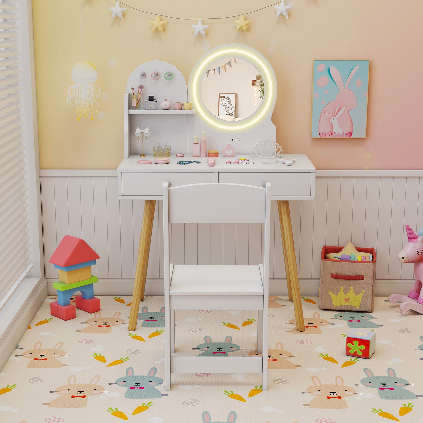 Kids Vanity Table and Chair Set with Lighted Mirror
